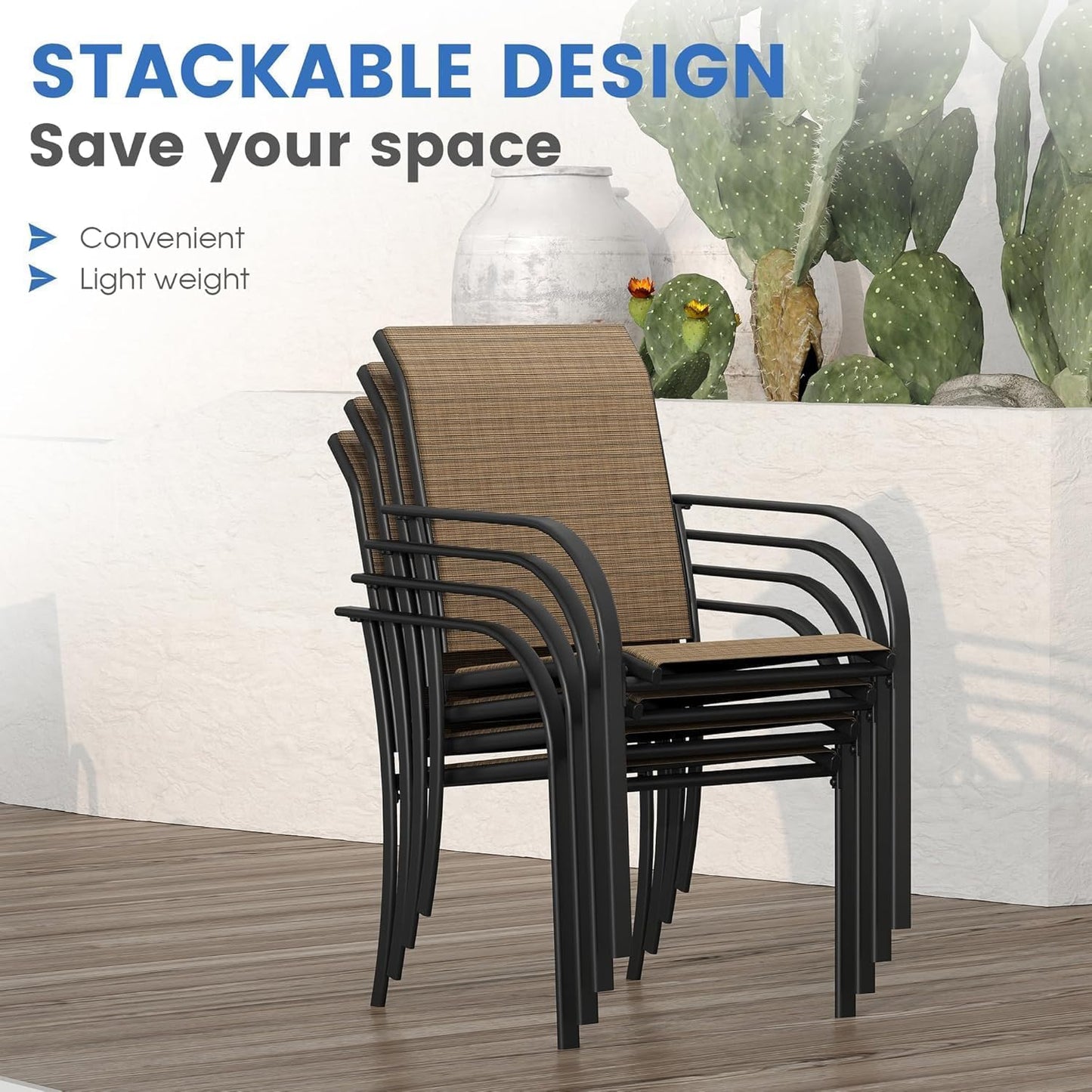 VICLLAX Patio Dining Set for 6, Outdoor Furniture Set Includes 47.2" Round Patio Table and 6 Patio Sling Chairs, Black Tabletop and Brown Fabric