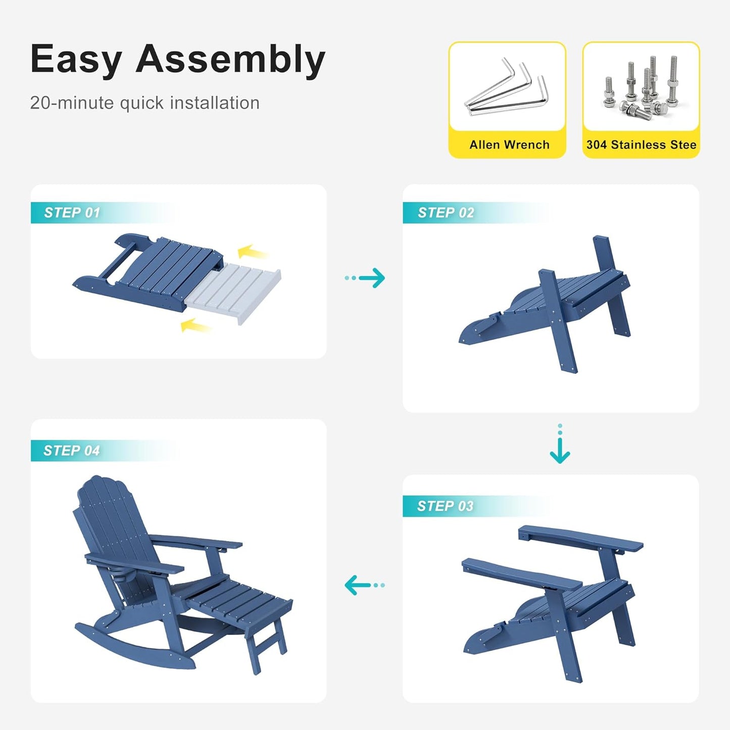 HDPE Outdoor Rocking Chairs Set of 2, 4-in-1 Folding Adirondack Chair with Retractable Ottoman, Patio Rocker with 3-Position Adjustable Backrest & Cup Holder for Porch, Backyard, Pool, Navy Blue