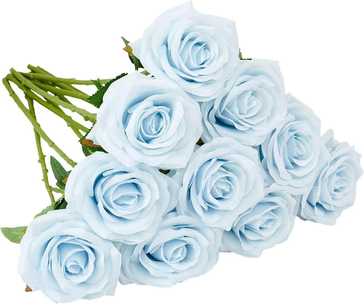 Artificial Rose 10pcs Ice Blue Open Flower Bouquet Faux Rose Stems for Wedding Arrangement, Bridal Bouquet, Centerpiece, Fake Faux Silk Flowers (Ice Blue)