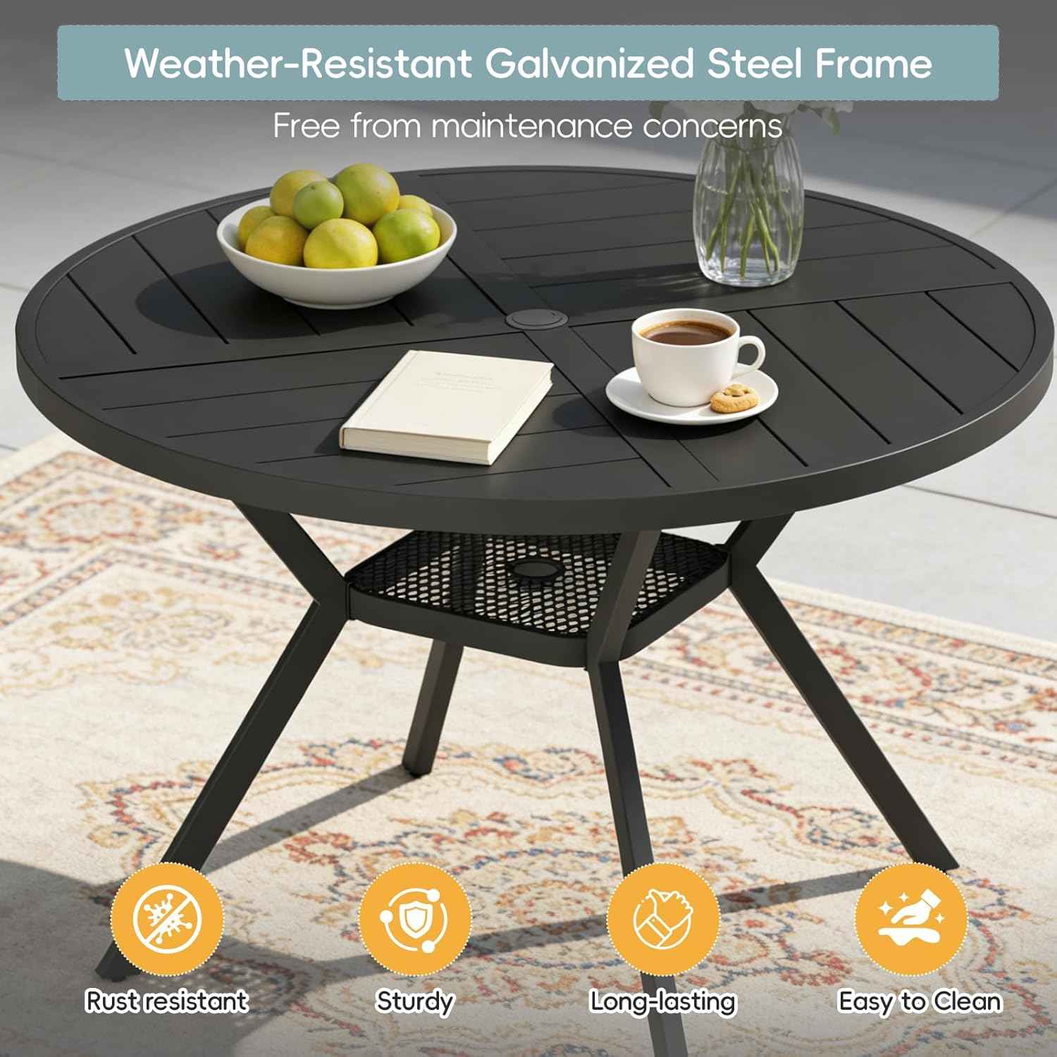 47" Outdoor Patio Table Dining Table, All Weather Metal Round Patio Table with Adjustable Umbrella Hole, Patio Furniture for Lawn Garden Backyard, Black