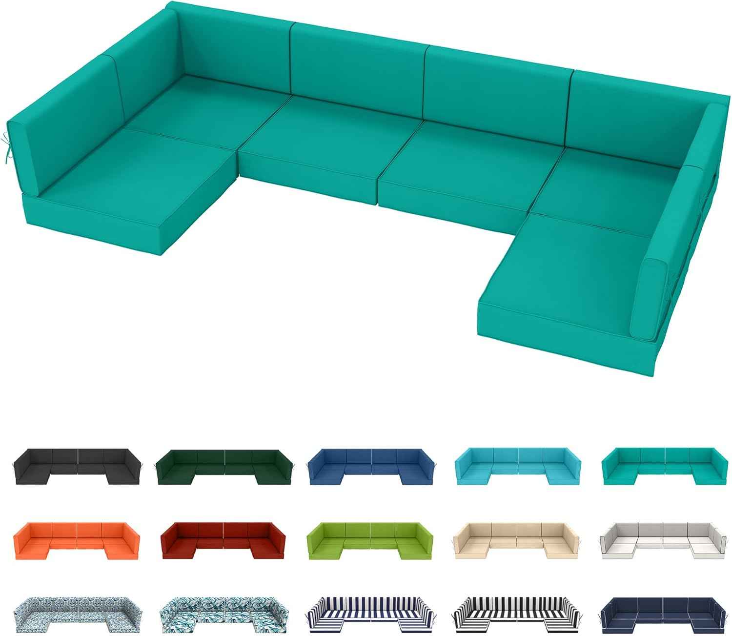Outdoor Sectional Cushions 14-Piece Replacement Cushions Set for 6-Seat Patio Furniture Waterproof 4'' Thick Outdoor Sofa Cushion Patio Wicker Couch Cushion (Turquoise, 14-Piece Set)