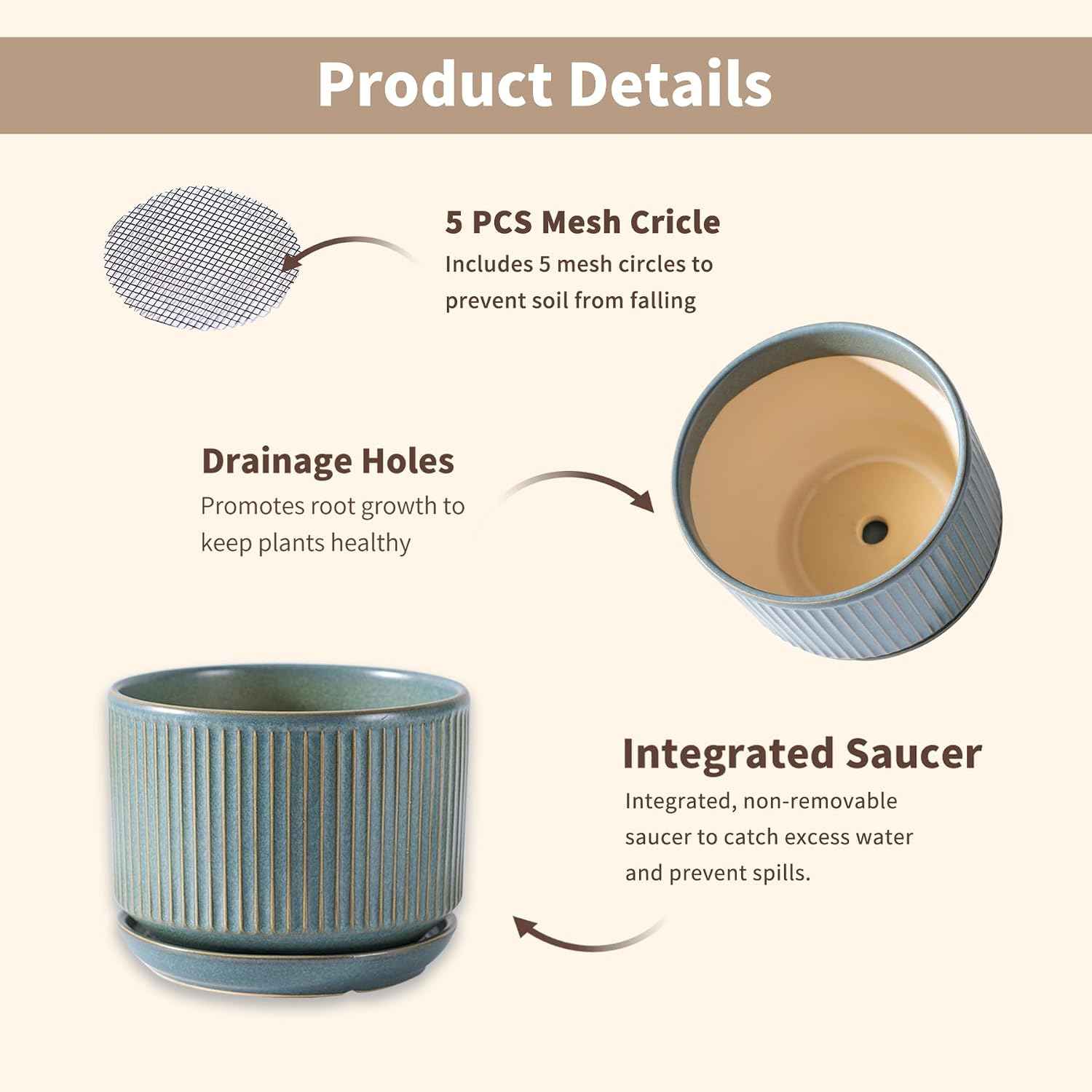 SURE YUESI Ceramic Plant Pots Set of 3, Indoor Outdoor Planters with Drainage Hole and Saucer, Ceramic Flower Pots for Indoor Plants, 4.3+5.5+6.8 Inch, Home, Garden, Patio and Office, Matte Green