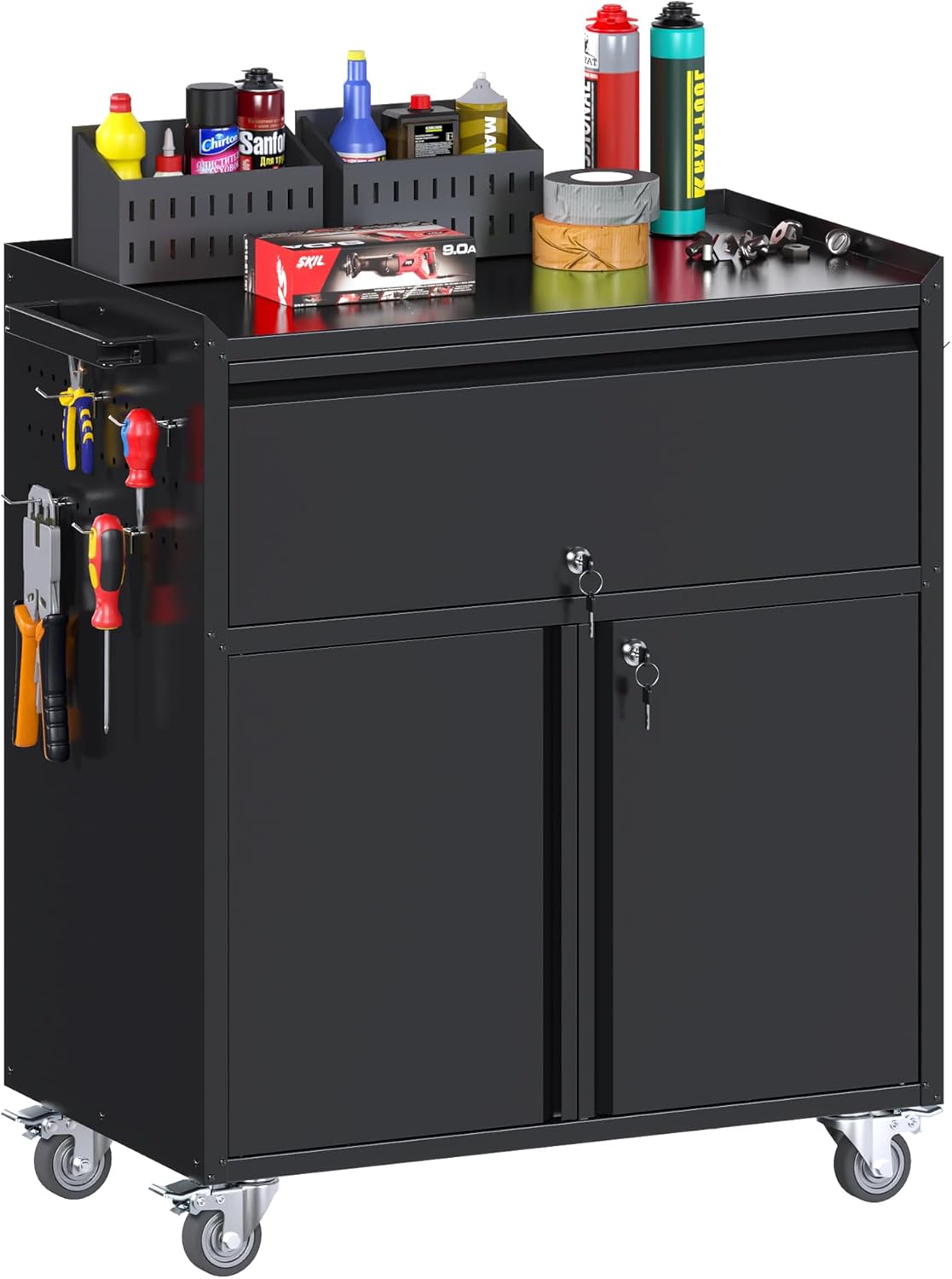 35.43'' H Metal Storage Cabinet on Wheels with 1 Drawer, Rolling Steel Garage Tools Cabinet with Side Pegboard &4 Hooks & 1 Adjustable Shelf for Garage,Shop,Home, Black, Assembly Required