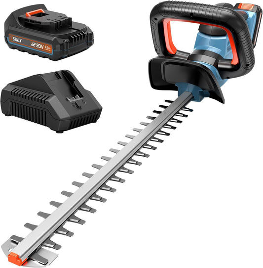 SENIX X2 20 Volt Max* 18-Inch Battery Powered Cordless Hedge Trimmer, Brushless Motor, Double-Sided Dual Action Blades, 3/4" Cutting Capacity, Includes Blade Cover, 2.5 Ah Battery & Charger (HTX2-M)
