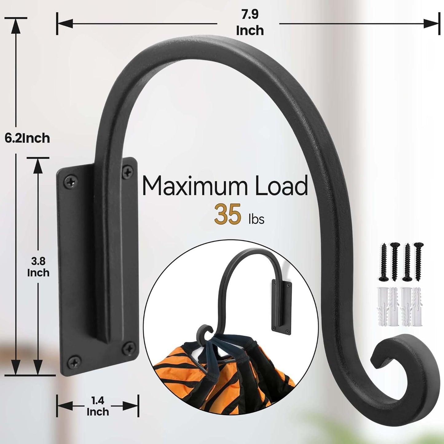 Heavy Duty Plant Hanger Bracket (8"/Black) Outdoor Hand-Forged Hanging Plant Bracket Durable and Stable Bird Feeder Hanger