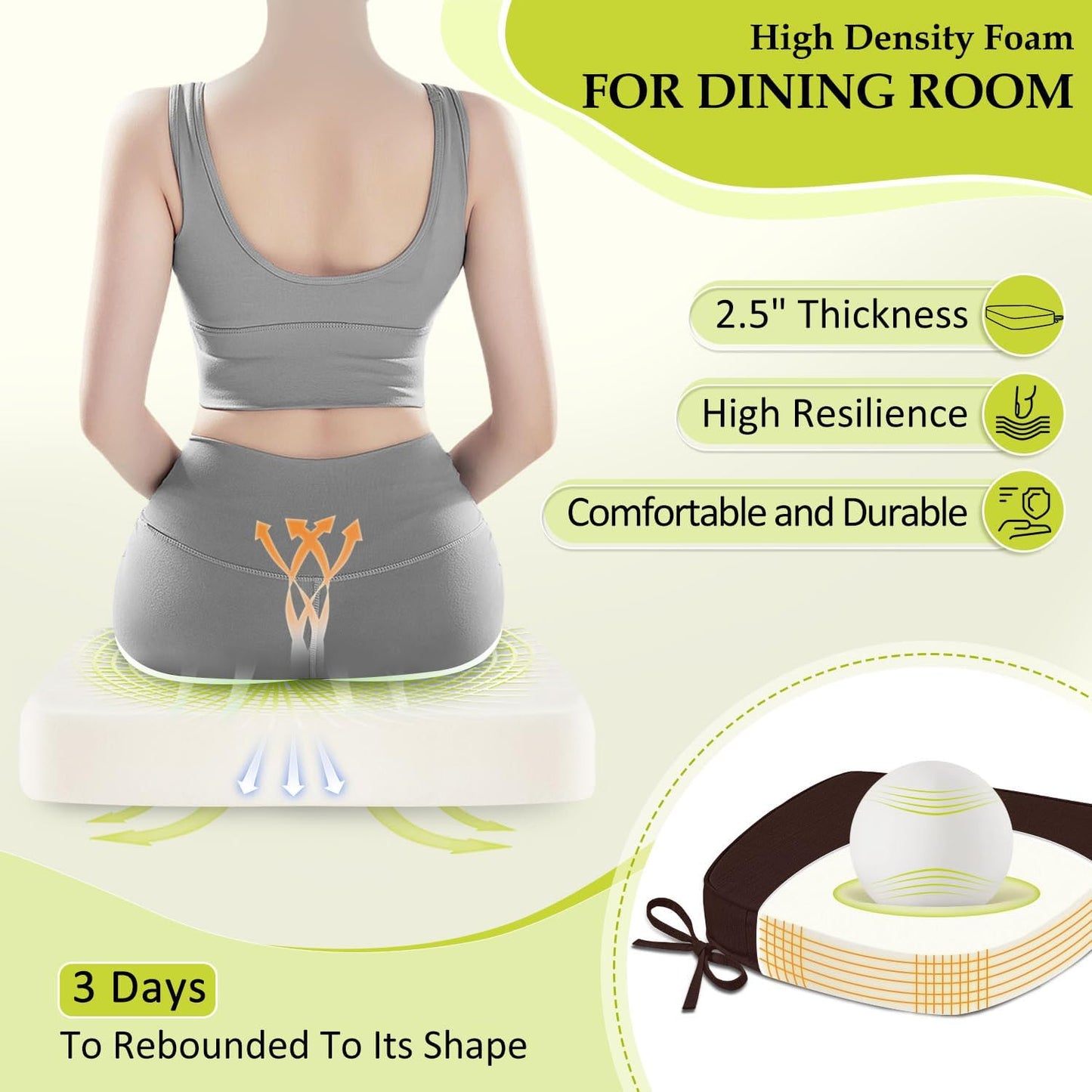 Chair Cushions for Dining Chairs, Indoor Chair Cushions with Ties，Waterproof Chair Pads Set of 6, Brown, 17x16x2.5 Inch