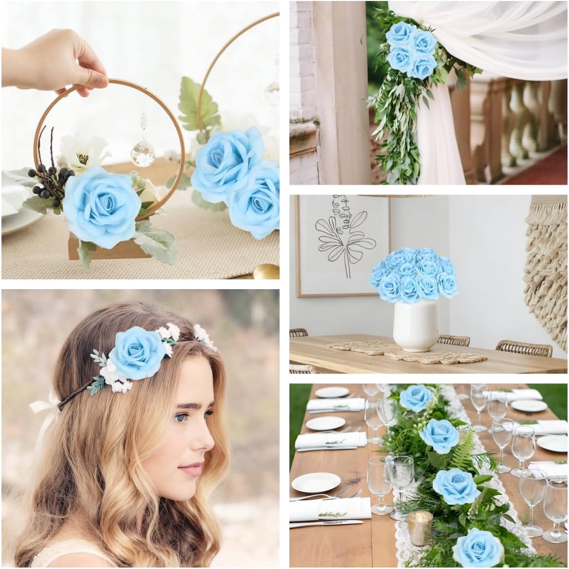 25PCS Rose Artificial Flower Heads 7 CM 2.75 in Velvet Rose Flowers Real Look Rose Flower Heads for DIY Wedding Home Party Baby Shower Decor (Light Blue)