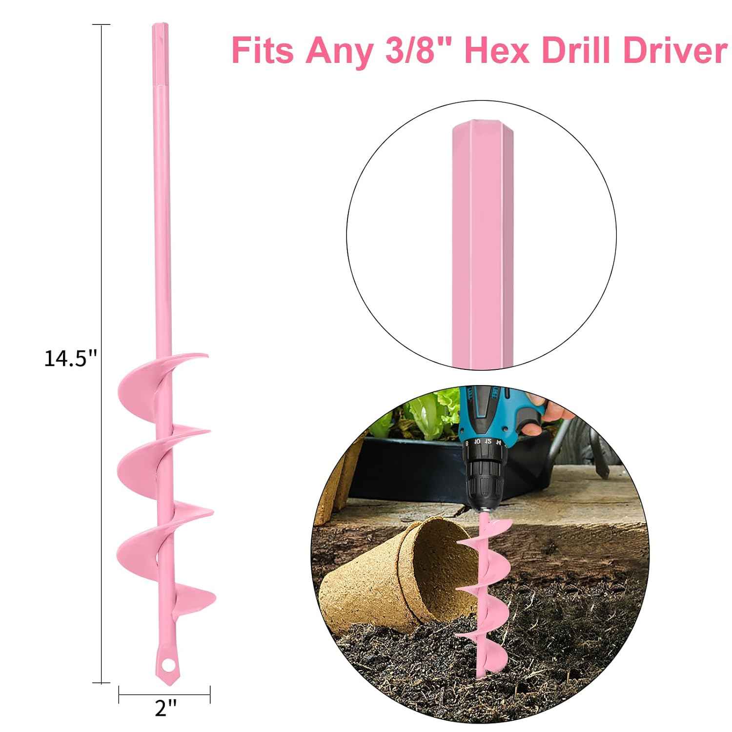 Auger Drill Bit for Planting 2 x 14.5 Inch, Garden Spiral Bit for 3/8" Hex Drive, Earth Post Hole Digger Bulb Planter Drill Auger for Planting Bedding Rapid Digging, Pretty Pink