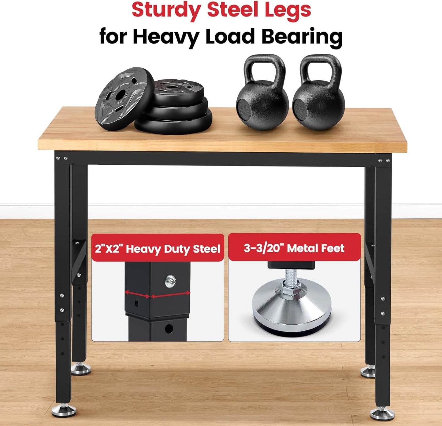 Work Bench for Garage Workbench Adjustable Height Work Table for Shop Woodworking, 41 x 20 Heavy Duty Rubber Wood Top for Office, Home, Commercial