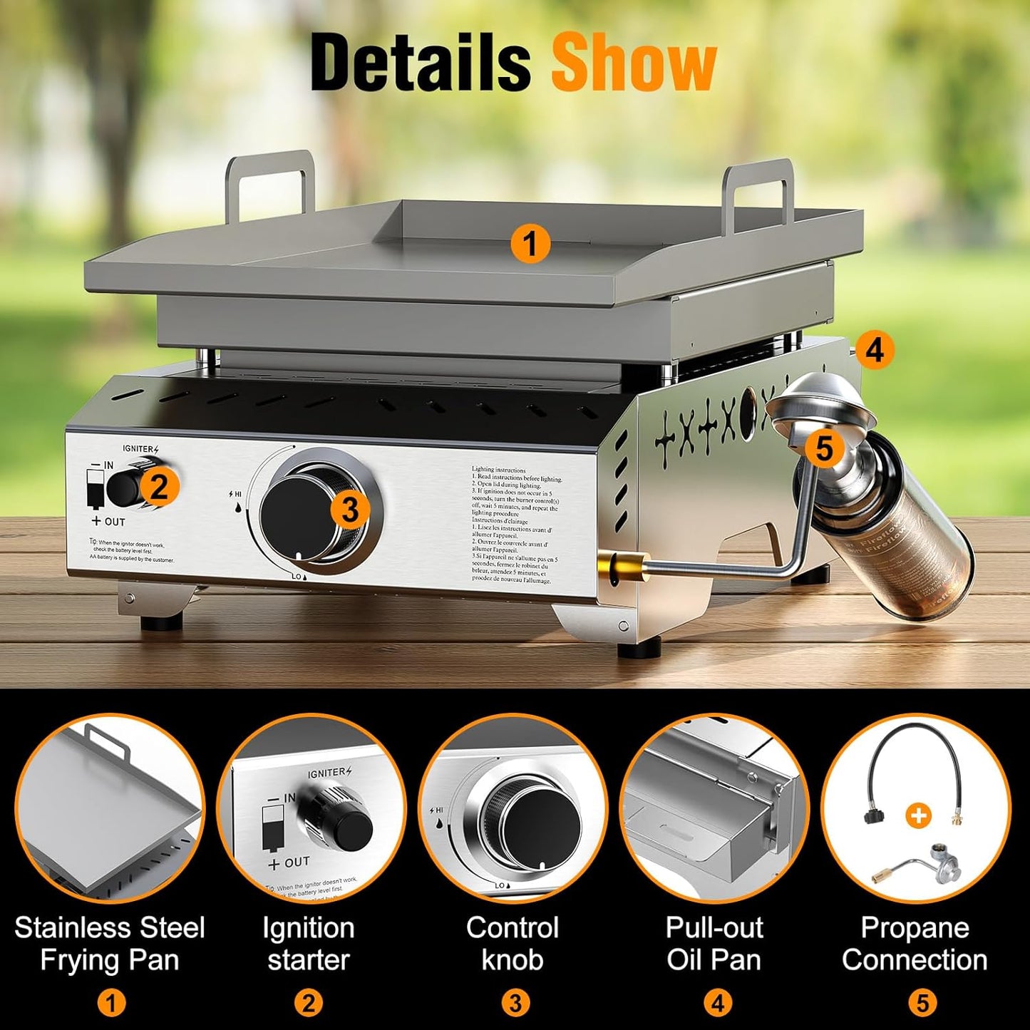 Stainless Steel Tabletop Grill,18 Inch Portable Propane Grill Griddle with Handle,8000 BTU Flat Top Grill for Camping, Outdoor & Tailgating Barbecue