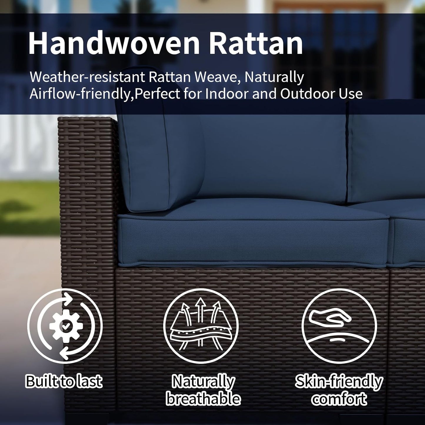 7 Pieces Outdoor Patio Furniture Set, Rattan Sectional Sofa, Conversation Set with Waterproof Cushion and Coffee Table, for Deck, Backyard, Garden (Navy Blue, 7-Piece)
