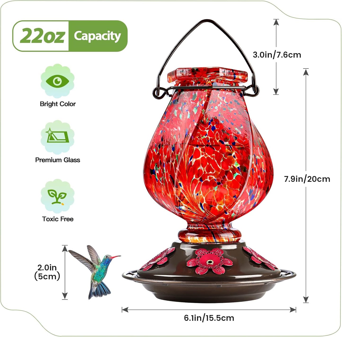 BOLITE Hand Blown Glass Hummingbird Feeder 22oz – Ant Moat, Bee-Proof, 360° Perch