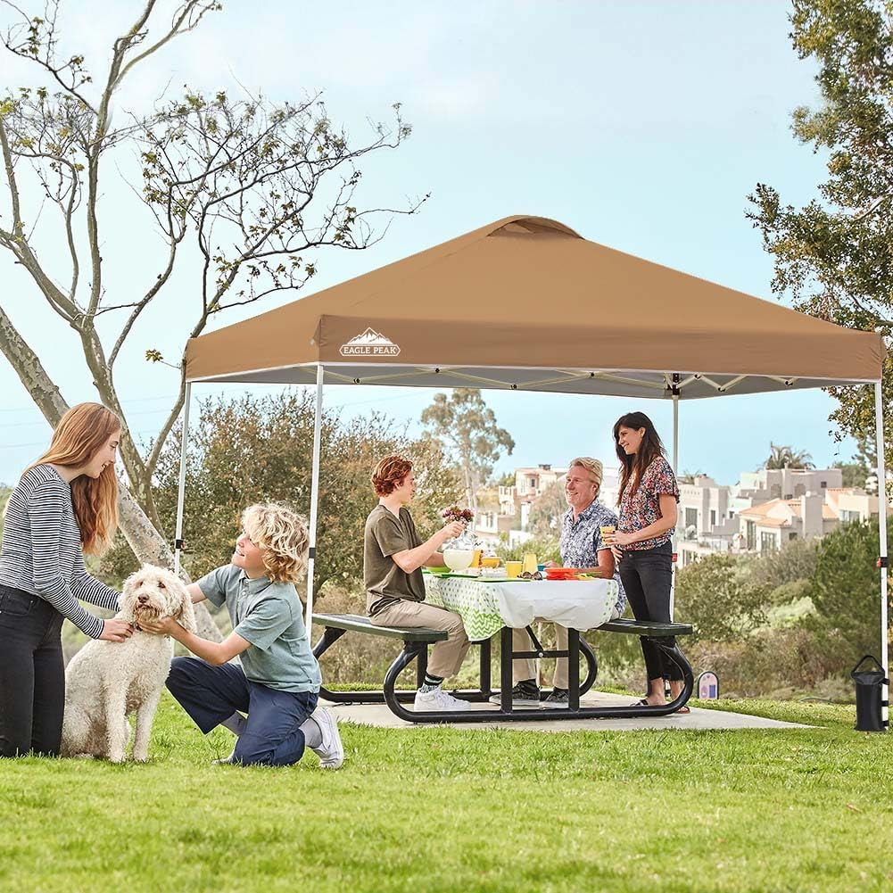 EAGLE PEAK Pop Up Canopy Tent with Wheeled Carry Bag, 8 Stakes, 4 Ropes, 4 Weight Bags, Easy Set Up Tent Canopy, 10x10 ft, 100sqft of Shade, Khaki