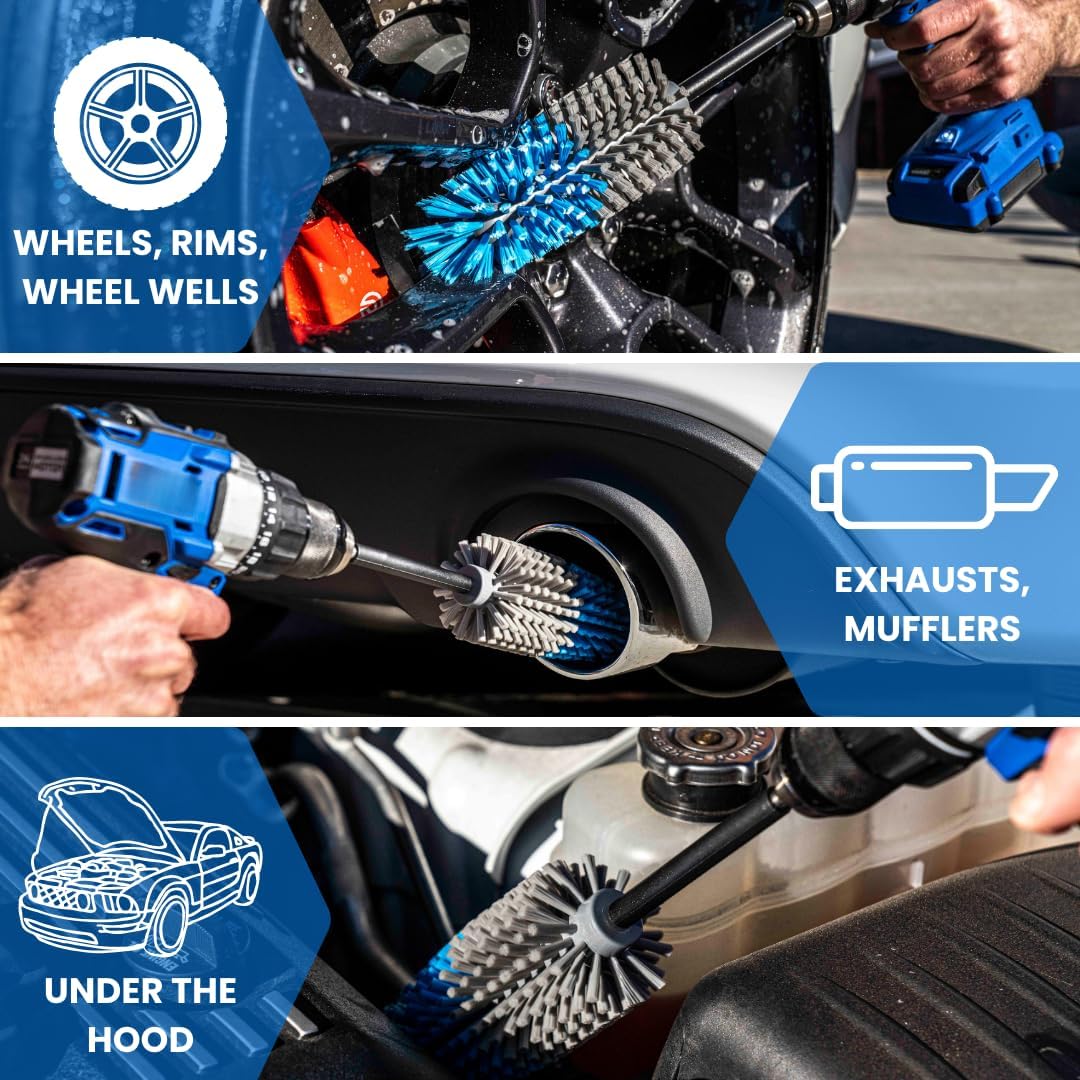Long Reach Drill Brush Attachment, All Purpose for Car Tires, Wheels, Wheel Wells, Engine Bays, Exhaust Pipes, Running Boards, Hard to Reach Areas, with Heavy Duty Non-Scratch Nylon Bristles - Lumora Garden