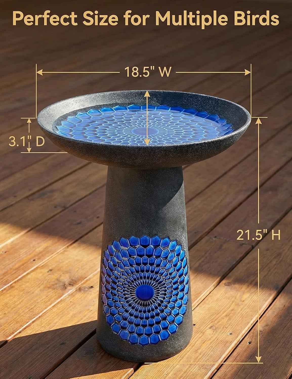 Ceramic Bird Bath for Outdoors – 21.5 Inch Heavy Duty, Diamond Blue Design for Garden & Patio Décor, Perfect for Bird Watching & Outdoor Spaces