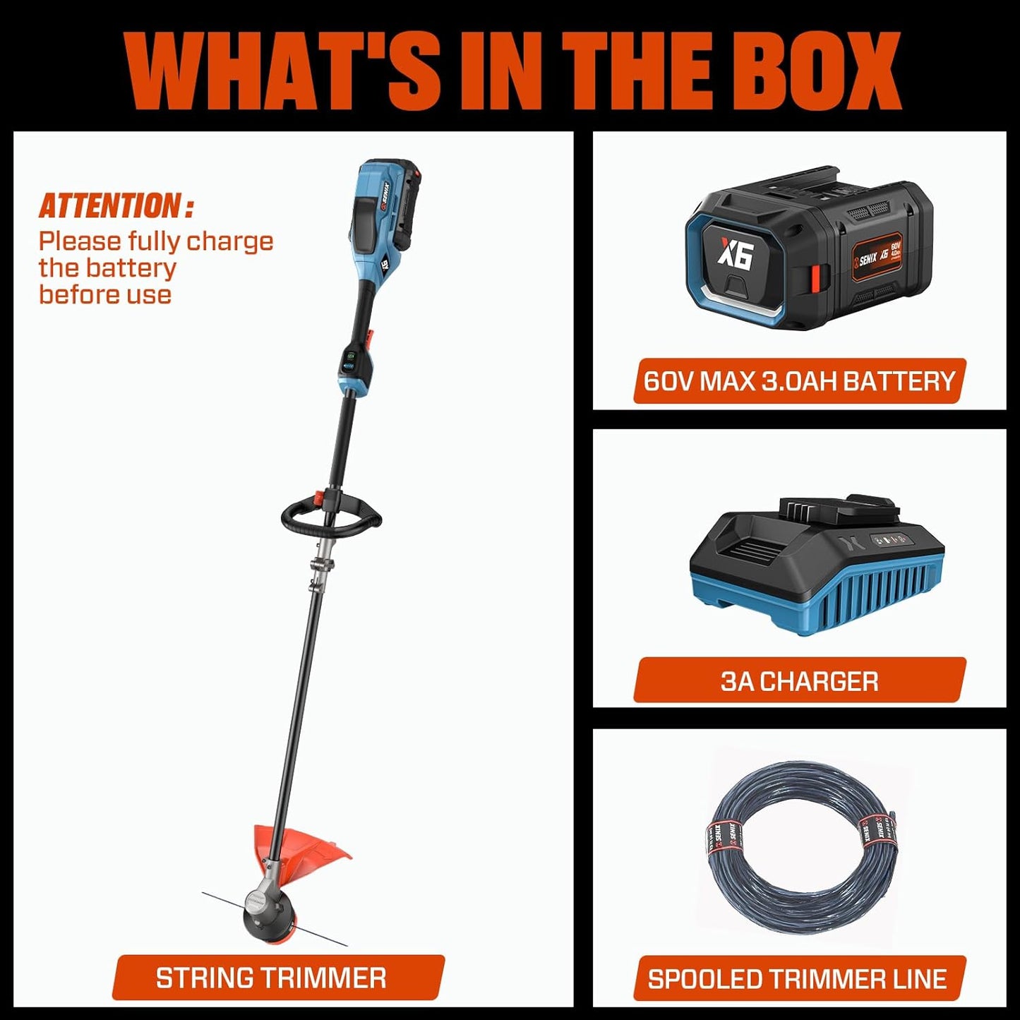 SENIX String Trimmer Cordless, X6 60V Max* 16-Inch Weed Wacker & Edger, Brushless, Variable Speed, Aluminum Shaft, Bump Feed, 3.0 Ah Lithium-ion Battery and Charger Included (GTX6-M)