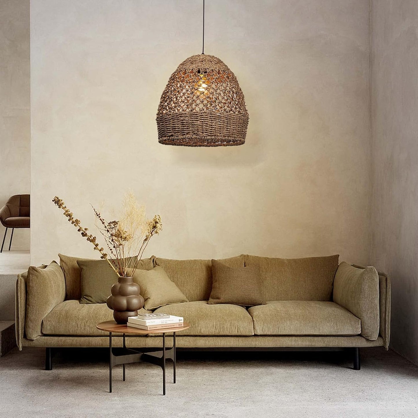 Arturesthome Rattan Woven Pendant Light for Kitchen Island, Hand-Woven Ceiling Chandelier, Handmade Natural Seaweed Hanging Lights Crafts Lampshade D 15.7in