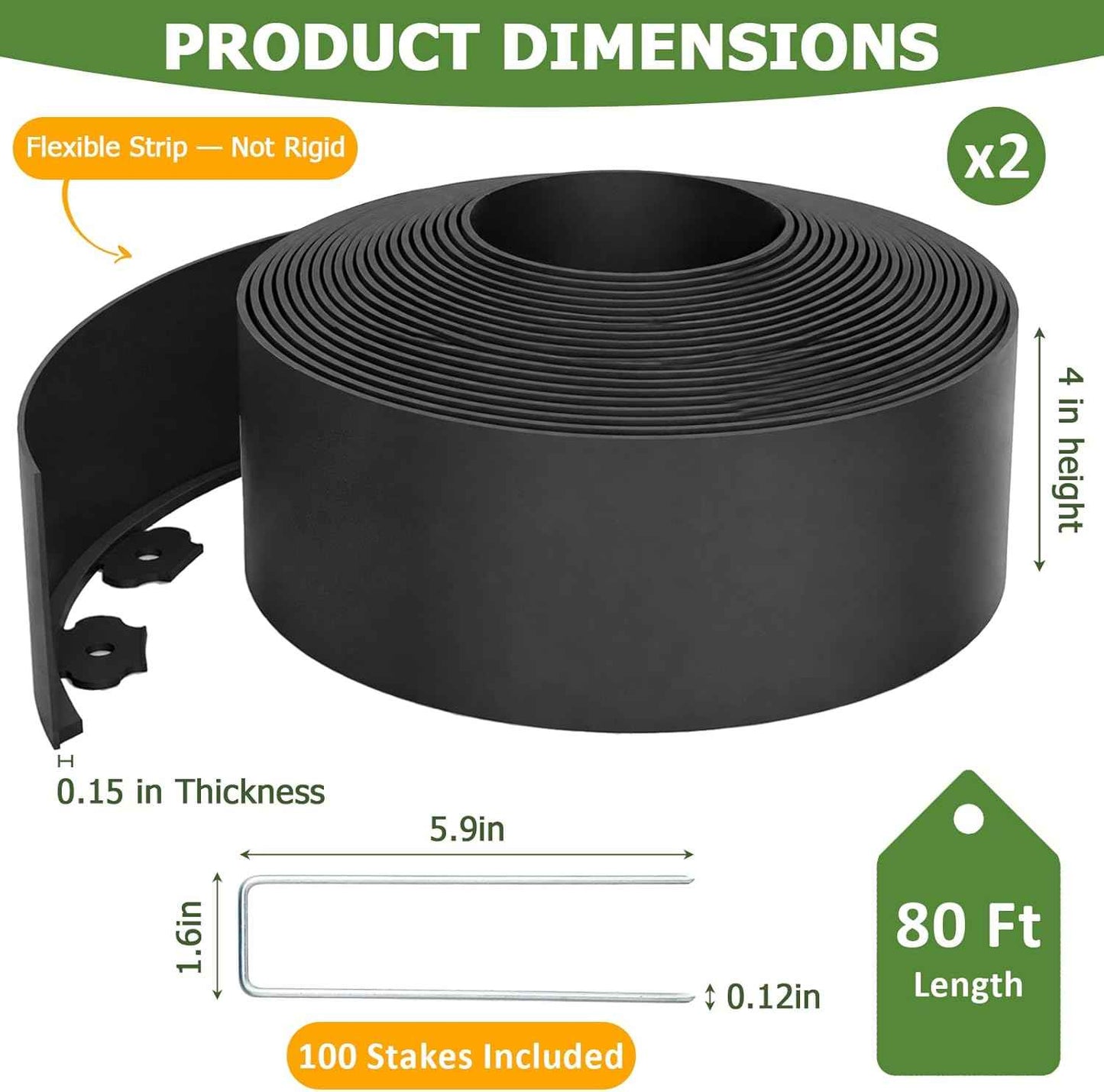 Garden Edging Border, 4 Inches Tall, 80 Feet Landscape Border Edging with 100 Metal Stakes, Plastic Edging for Landscaping, Flower Beds, Yards, Tree Rings, and Lawn Borders
