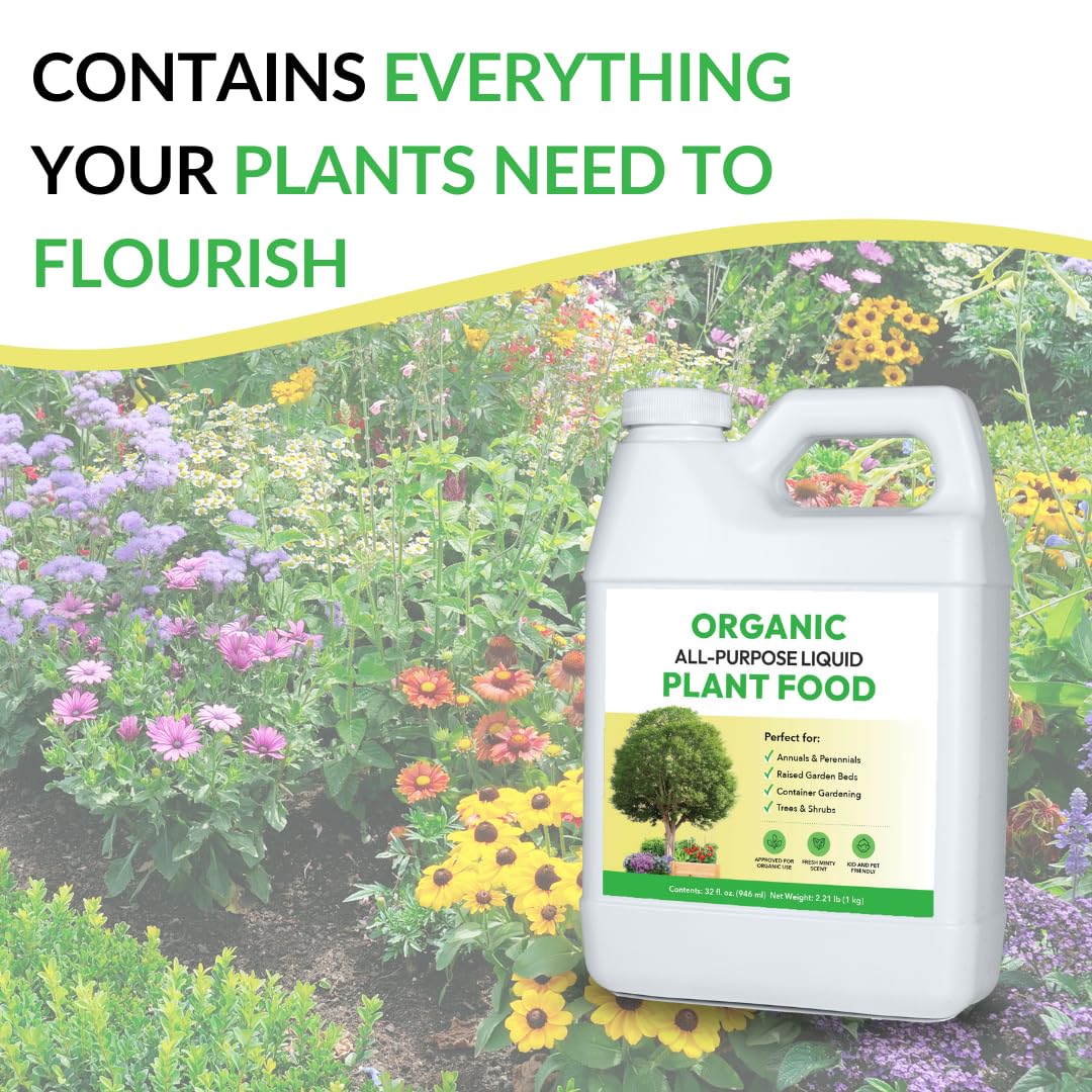 Organic All-Purpose Liquid Plant Food - Use on All Outdoor Plants: Flower Beds, Vegetable Gardens, Container Gardening | Concentrated Liquid Fertilizer Alternative (32oz, 2 Pack, Mixes to 64 Gallons)