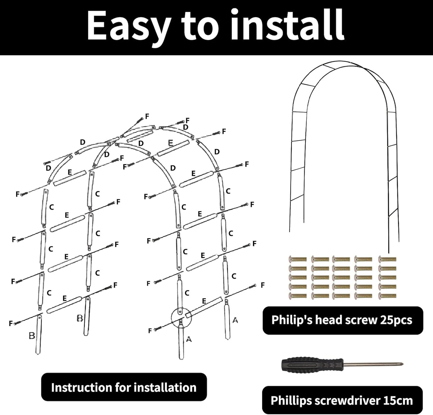 RUBFAC Metal Garden Arch, Wedding & Event Decoration, Garden Trellis for Climbing Plants, Assemble Freely 2 Sizes for Various Climbing Plant Roses Vines Bridal Party Decoration, Black, 1 Pack