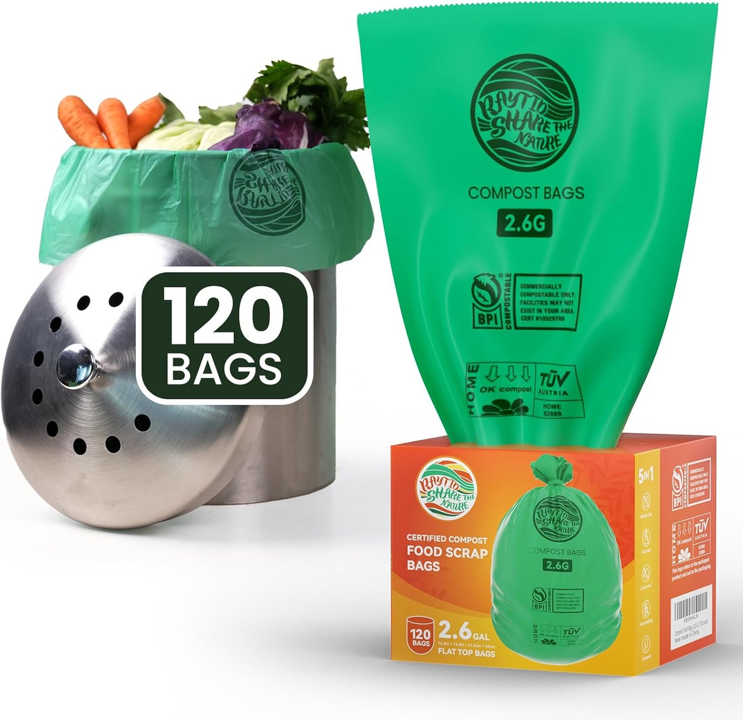 RAYTID Compostable trash Bags 2.6 Gallon Compost Bags for Kitchen Countertop Bin 1.3,2,3, Gallon, 120 Count,Small Kitchen Food Scrap Waste Bags,ASTM D6400, US BPI & Europe OK Compost Home Certified