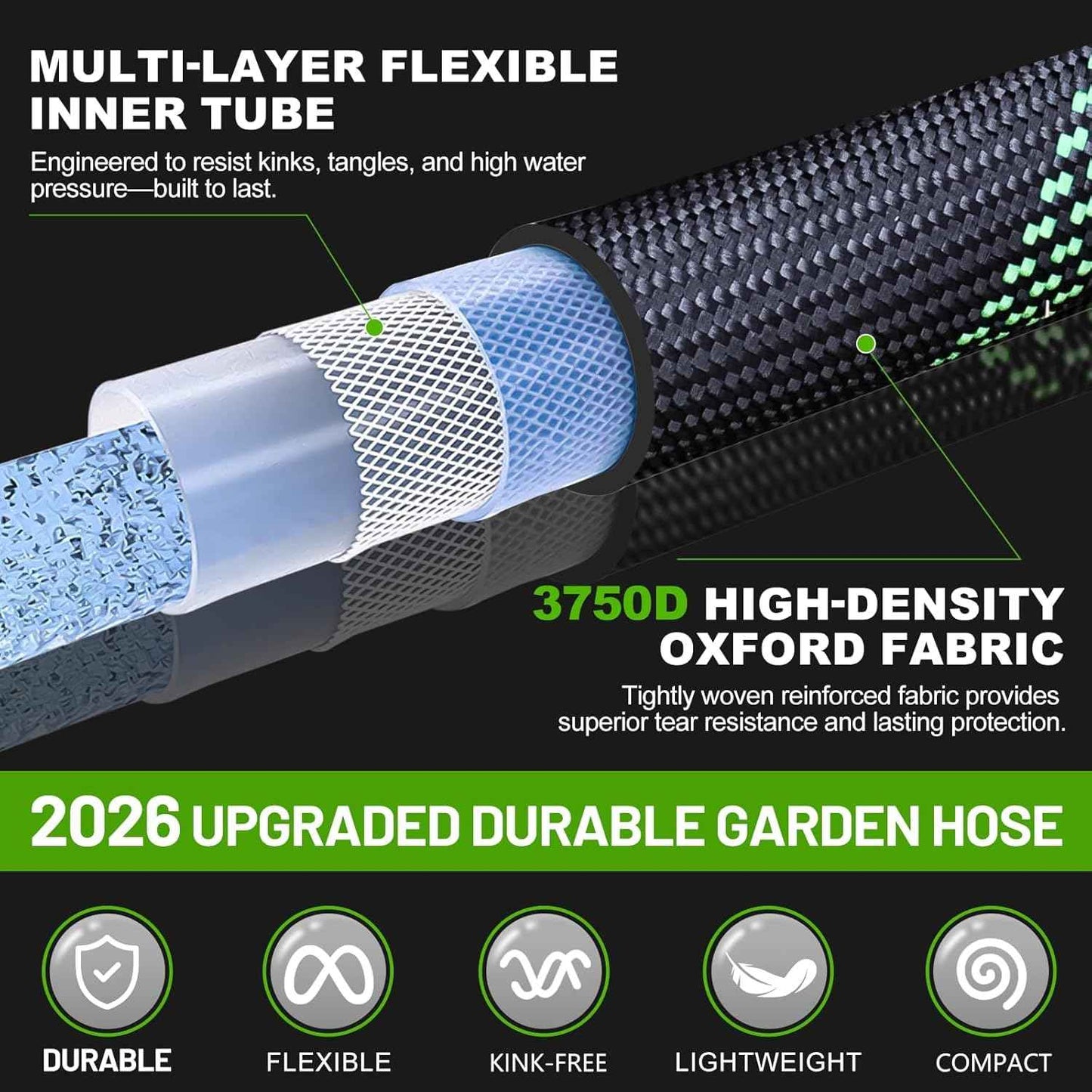 SUPCLUB 200Ft (100Ft+100Ft) Non-Expandable Garden Hose with 3750D Oxford Fabric, Kink & Leak Proof, Lightweight Outdoor Water Hose