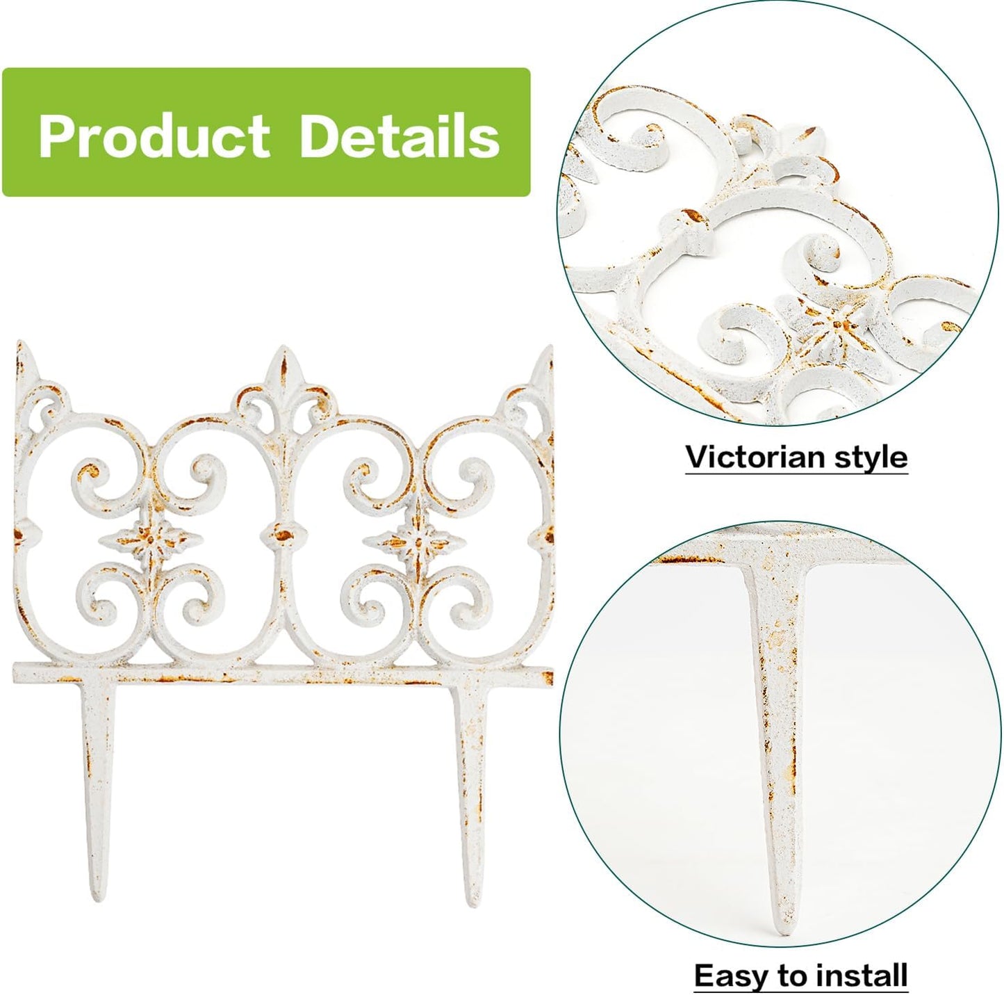 Decorative Cast Iron Garden Edging, 4 Pack Rustic White Victorian Garden Edging Landscape Border, Vintage Metal Yard Stake Low Picket Fence