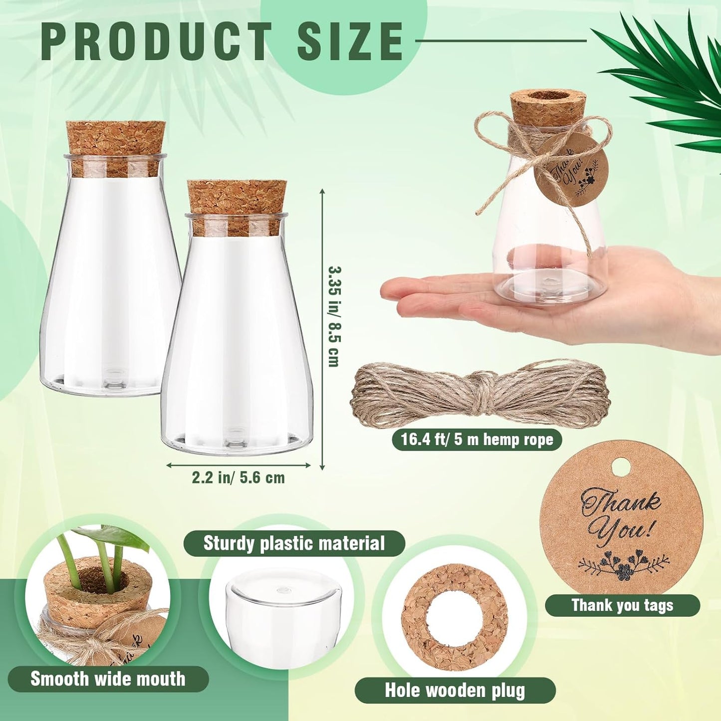 Baderke 3.35'' Plastic Plant Propagation Stations with Hole Lid Planter Vase Clear Propagation Jars with Thank You Tags for Plant Lover Gifts for Women Office Home Garden (48 Pack,Cute)