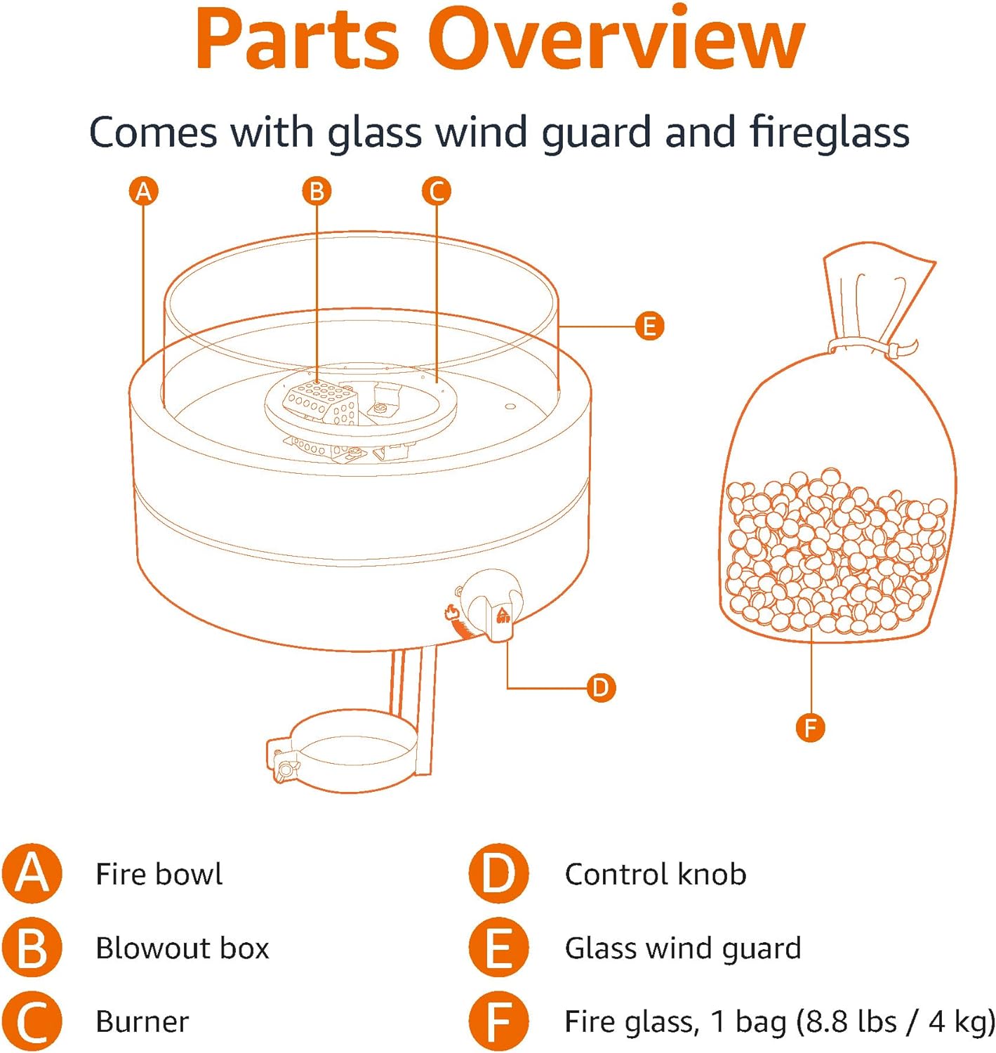 Amazon Basics 14-Inch Round Propane Fire Pit, 9000 BTU Portable Tabletop Fireplace with Glass Stones, Umbrella Hole Compatible for Outdoor Patio Tables & Camping, Brown