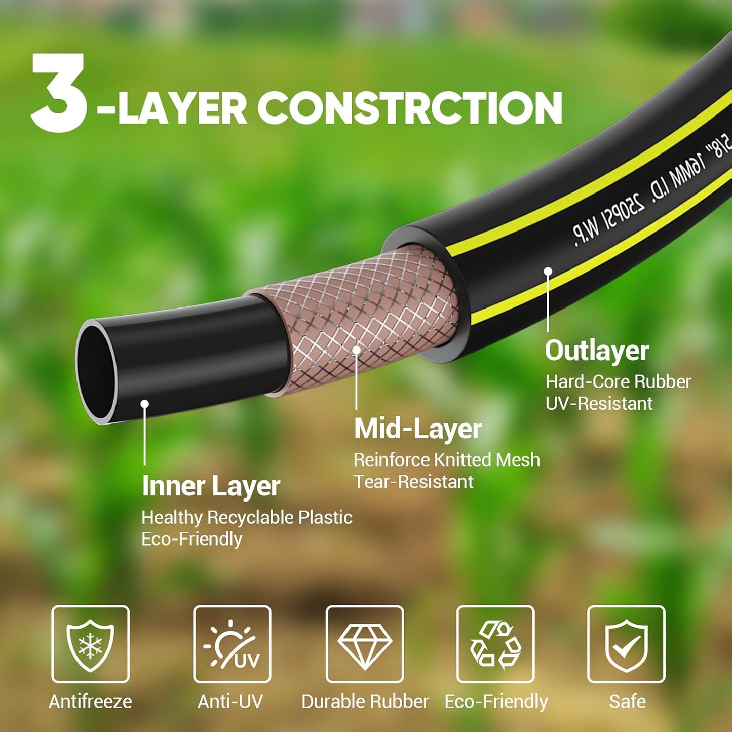 Garden Hose 200FT - PHLEX PRO Heavy-Duty Premium 5/8'' Rubber 3-Layer Water Hose with Full Brass Male to Female Fittings - Innovation Flexible Hybrid Lightweight Water Hose for RV Garden