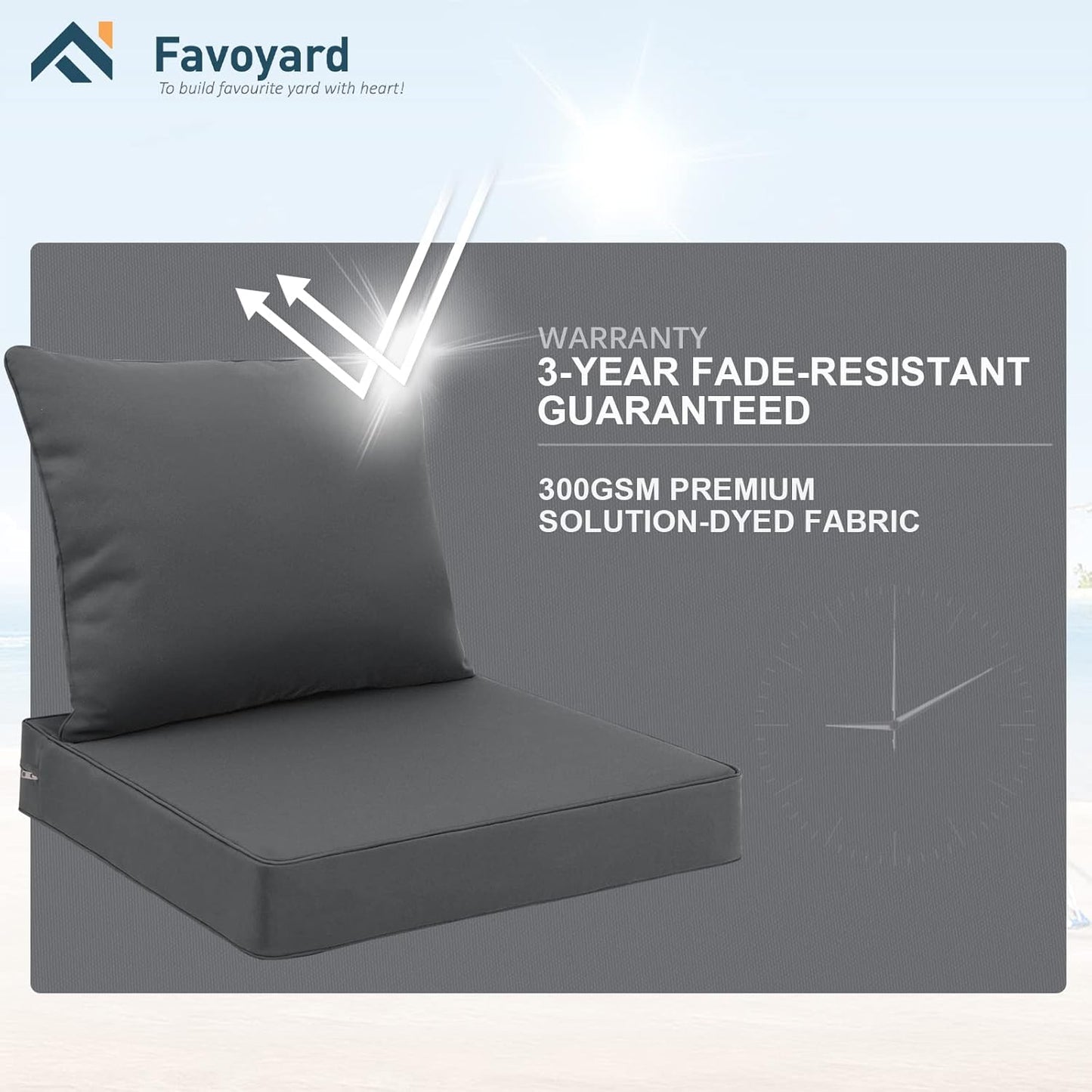 Favoyard Outdoor Seat Cushion Set 24 x 24 Inch Waterproof & Fade Resistant Patio Furniture Cushions with Removable Cover Deep Seat & Back Cushion with Handle and Adjustable Straps for Chair Sofa Couch
