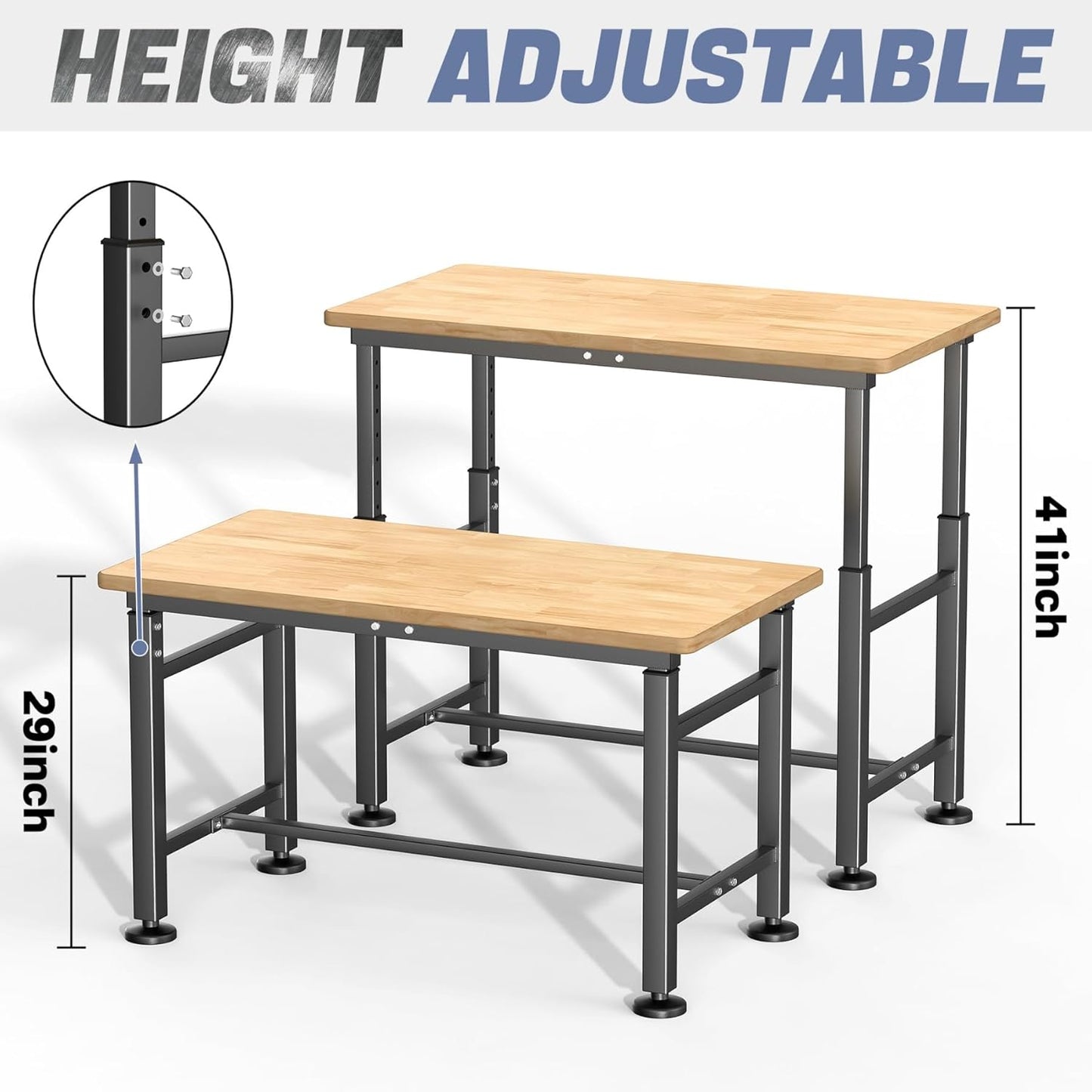 WALMANN Heavy Duty Adjustable Height Workbench 47.75" x 23.25", Rubber Wood Top Work Table for Garage, Workshop, 2000 lbs Load Capacity