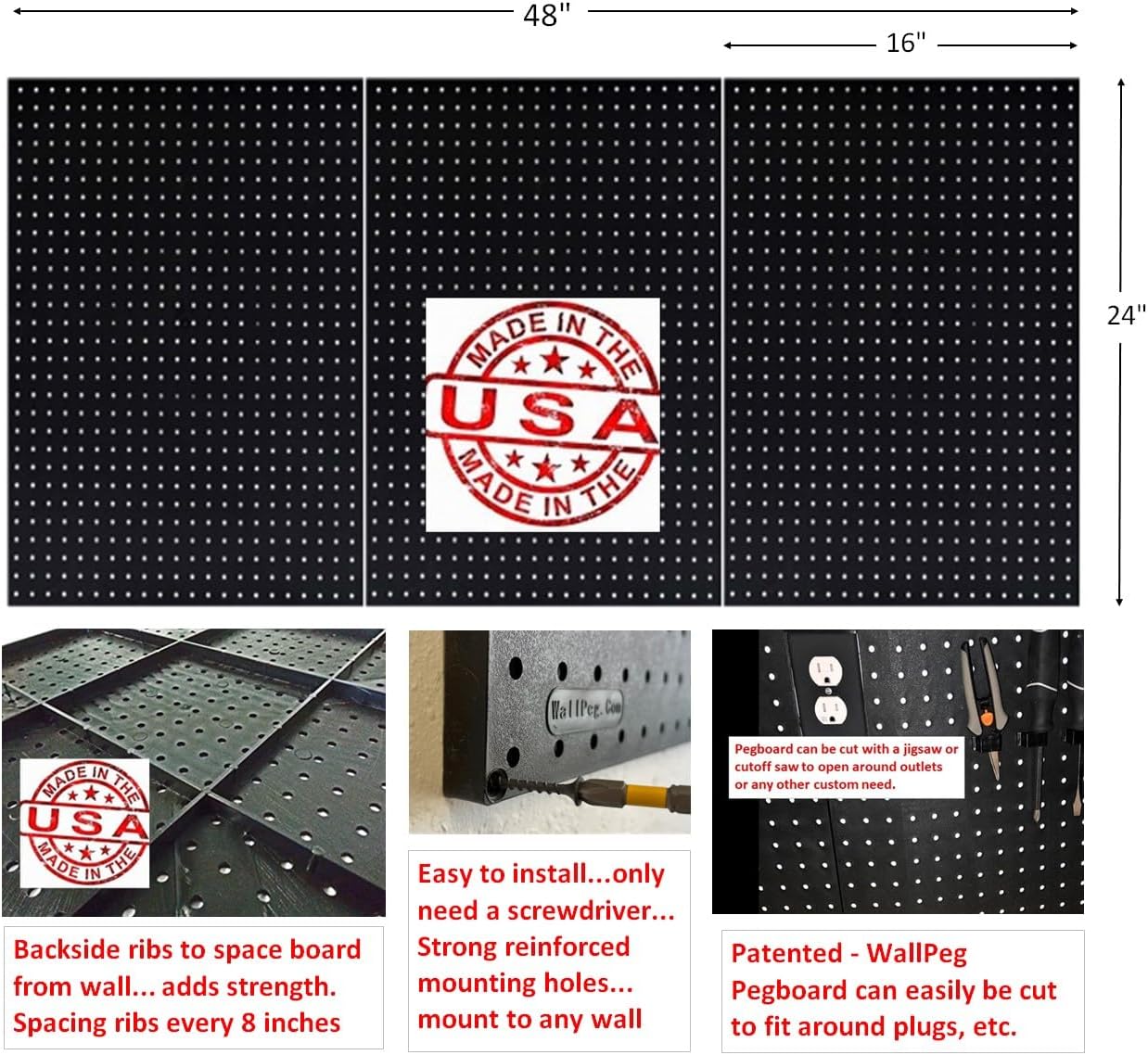 WallPeg 24" x 48" Pegboard Wall Organizer - Kit (PK-312-B) Peg Board Organizer Accessories for Garage pegboard Storage, Tool & Craft Organization with Pegboard. Hooks, and Peg Board Bins