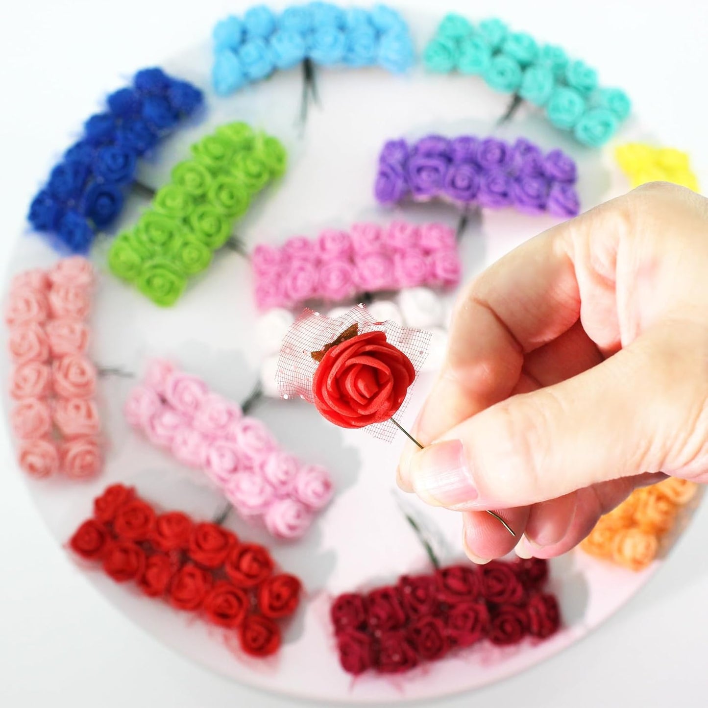 500 Pcs 0.6 Inch Mini Artificial Flowers Head Bulk 5 in 1 Set Faux Foam Fake Small Rose Tiny Baby Flores Bouquet Wreath Gift Hair Clip Home Decoration DIY Craft (Purple)