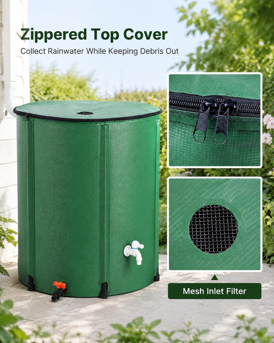 200 Gallon Collapsible Rain Barrel, Portable Rainwater Collection System, Water Storage Tank, Rain Catcher Barrel with Two Spigots and Overflow Kit, Rainwater Barrels Collector for Garden, Green