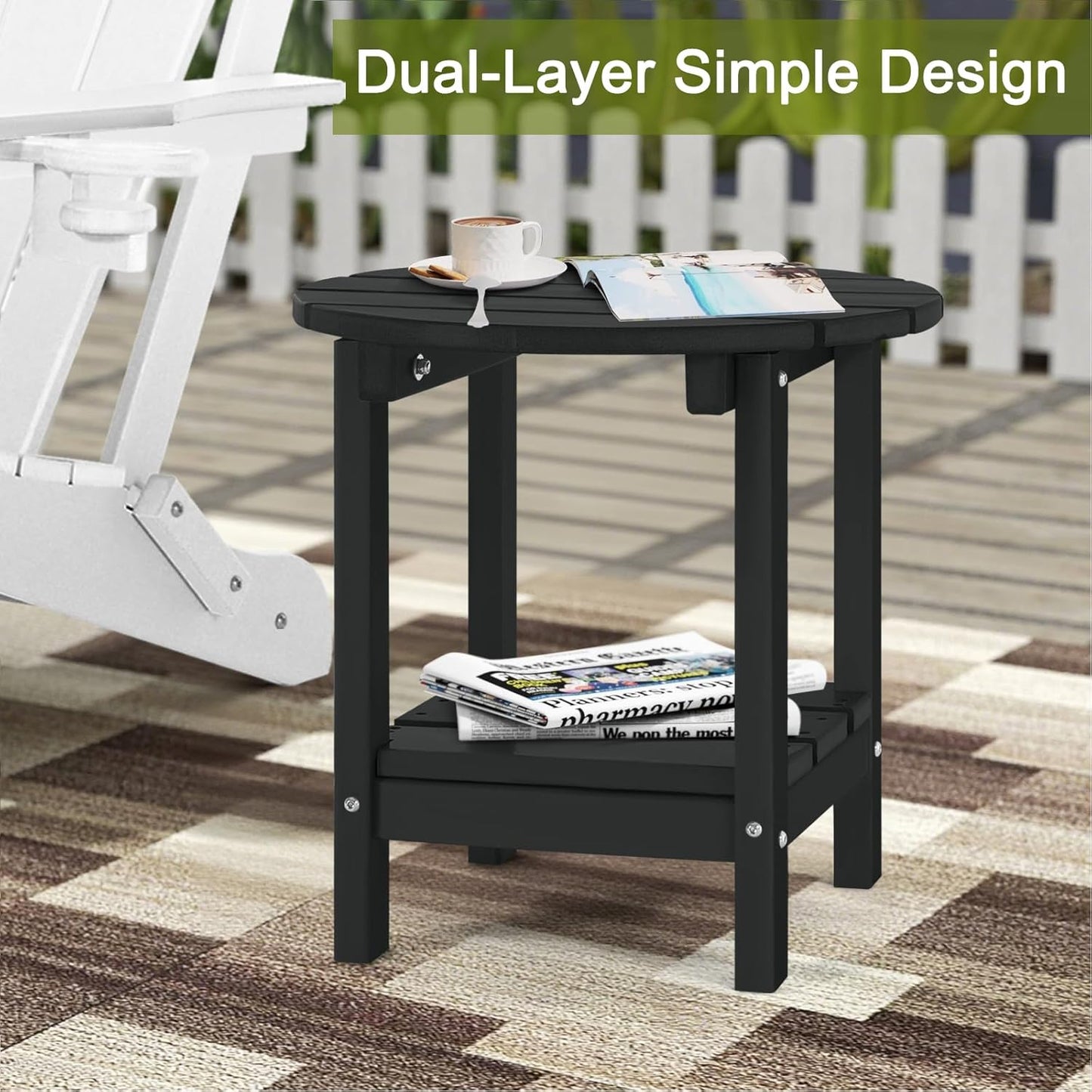 Adirondack Outdoor Side Tables, 2-Tier Round Outdoor Table, Weather Resistant HDPE Patio End Table for Garden, Lawn, Pool, Beach, Porch, Deck, Backyard - Black
