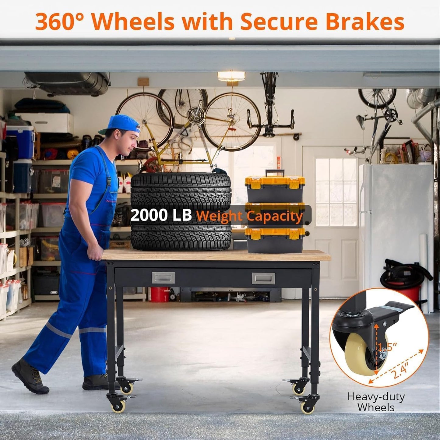 48x24 Inch Garage Workbench with Wheels, Adjustable Rubber Wood Top Garage Workbench with Power Outlet, 2000 Lbs Load Capacity for Workshop, Woodworking, Office