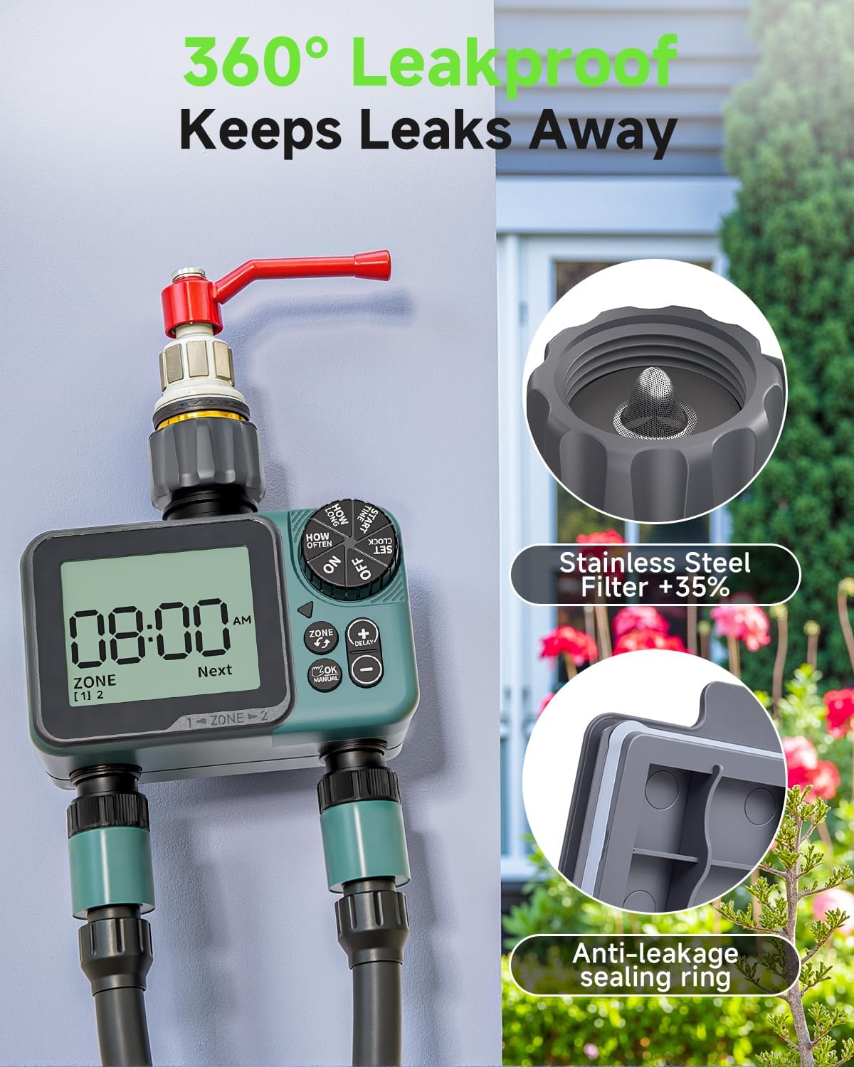 Sprinkler Timer 2 Zone & Digital Water Timer for Garden Hose, Yard, Lawn, Pool – Programmable Irrigation Controller with Rain Delay, IP55 Waterproof Auto & Manual Irrigation System