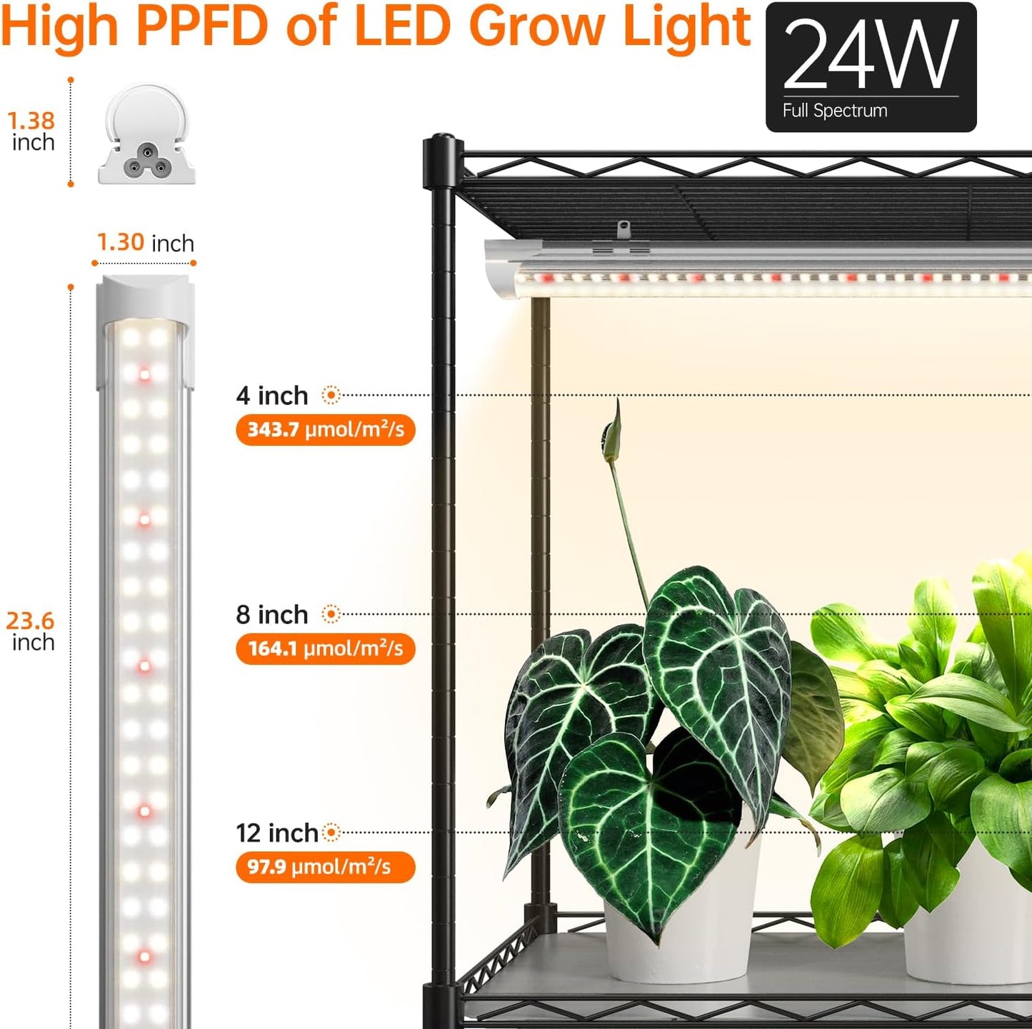 Plant Shelf with Grow Light with Timer, Metal Plant Stand with Adjustable Rack and Wheels, 4 Pack 24W Full Spectrum Grow Light Strip for Indoor Plants, Seed Starting, 35.4"x13.8"x59"