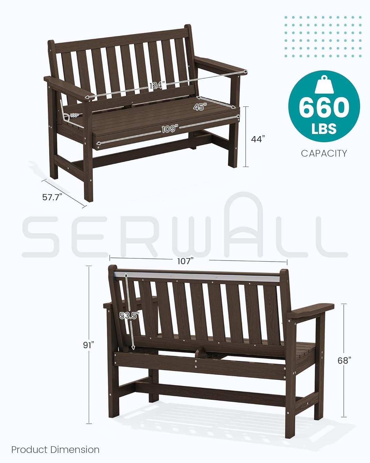 SERWALL Outdoor Bench, HDPE Outdoor Benches Weatherproof, 2-Person Garden Bench with 660 lbs Weight Capacity, Patio Benches for Outdoors, Garden, Porch, Backyard and Park, Coffee
