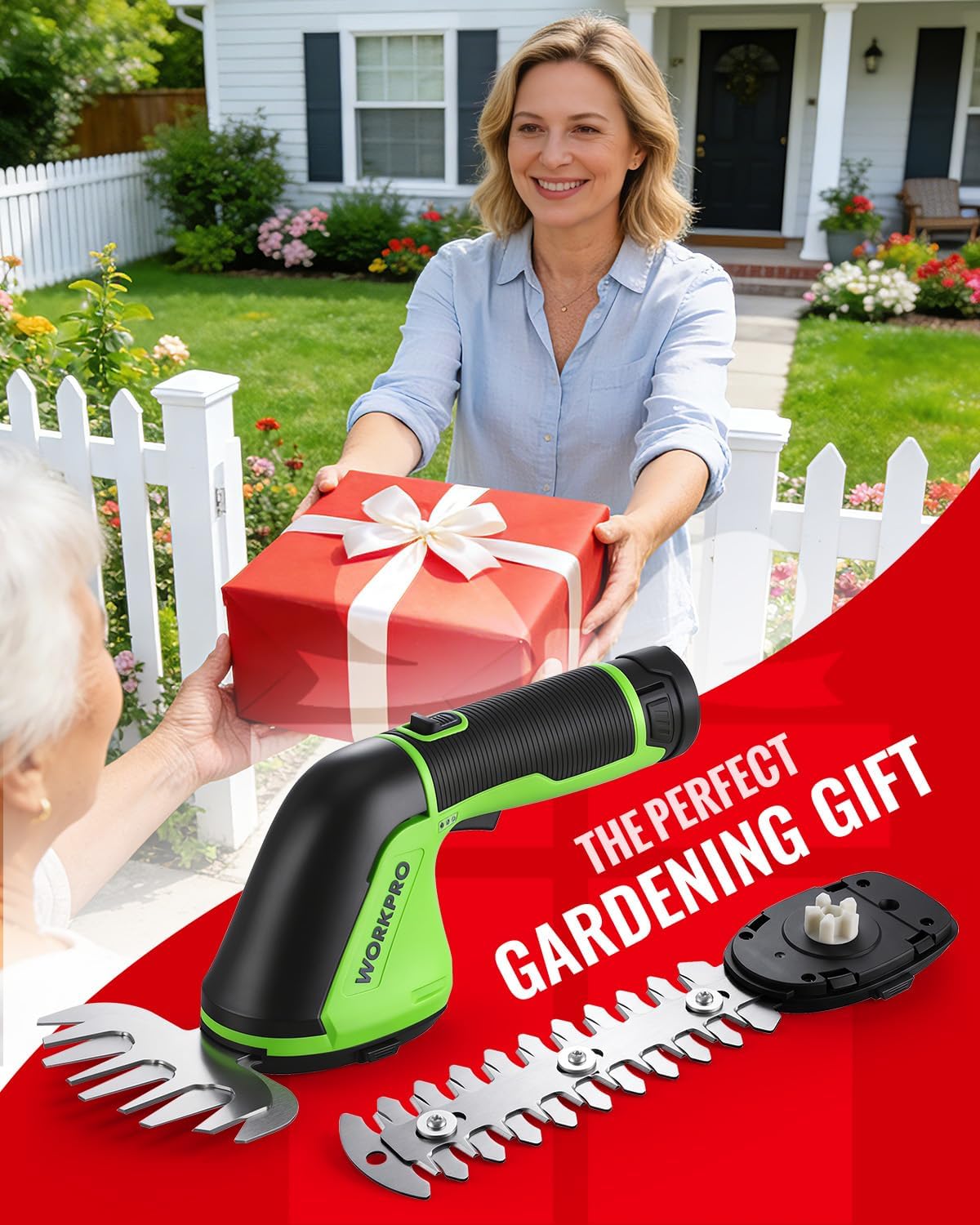 WORKPRO 12V Cordless Grass Shear, 2-in-1 Electric Hedge Trimmer & Grass Cutter, with 2.0Ah Rechargeable Battery, 1-Hour Fast Charger, Lightweight Handheld Bush Trimmer for Lawn and Garden