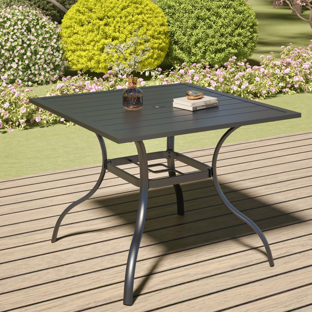 Anumutig 5-Piece Outdoor Dining Set, 35‘’Square Table with 4 Stackable Patio Chairs, All Weather Frame Furniture Set - Gray