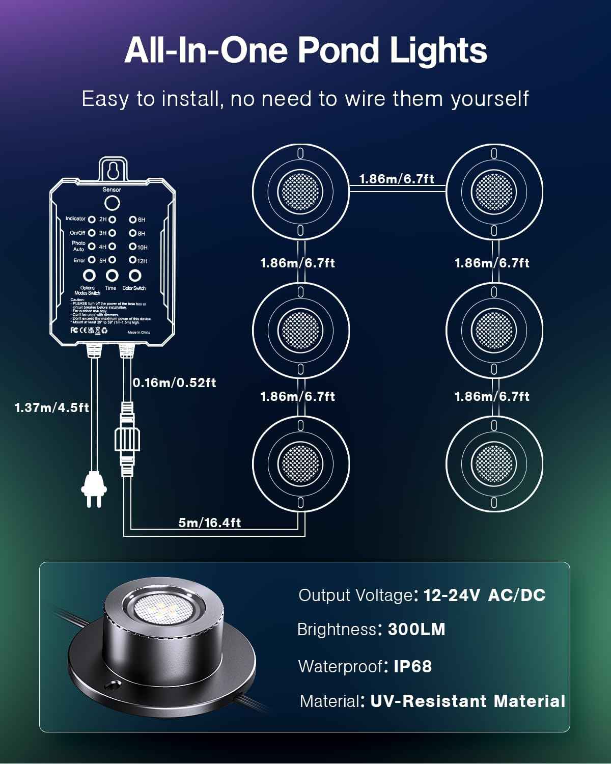 HIBOITEC LED Pond Lights, RGBWW Underwater Fountain Light with 12V Timer Transformer,Photocell Light Sensor, IP68 Waterproof Outdoor Underwater Lights for Outdoor Ponds Garden, 6 Head