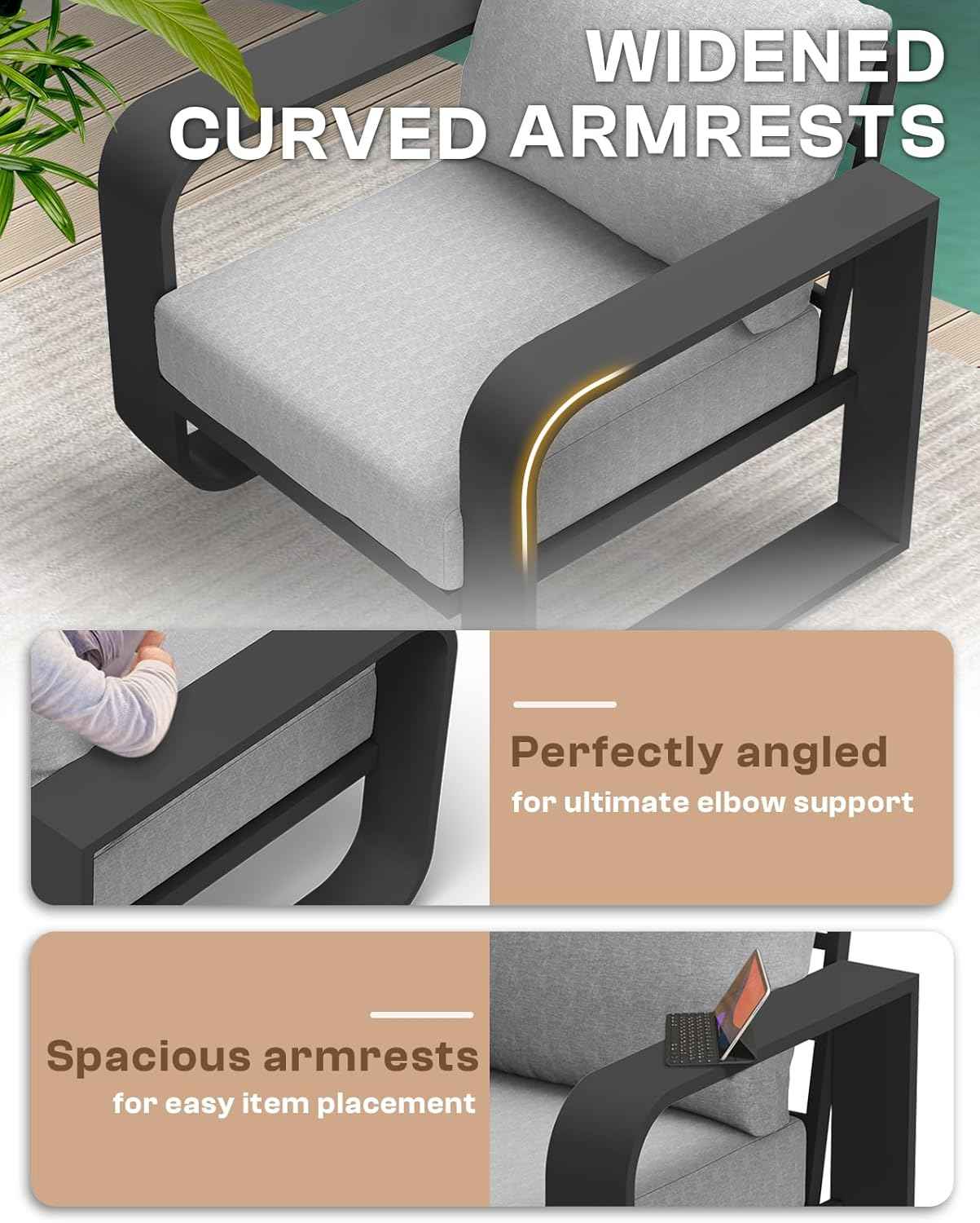 Oversized Aluminum Outdoor Furniture Set, Extra Large Patio Furniture Sofa Set 4.8” Widened Armrest & Ultra-Thick Cushions, 5 Pcs Modern Patio Sectional for Backyard, Porch, Gray