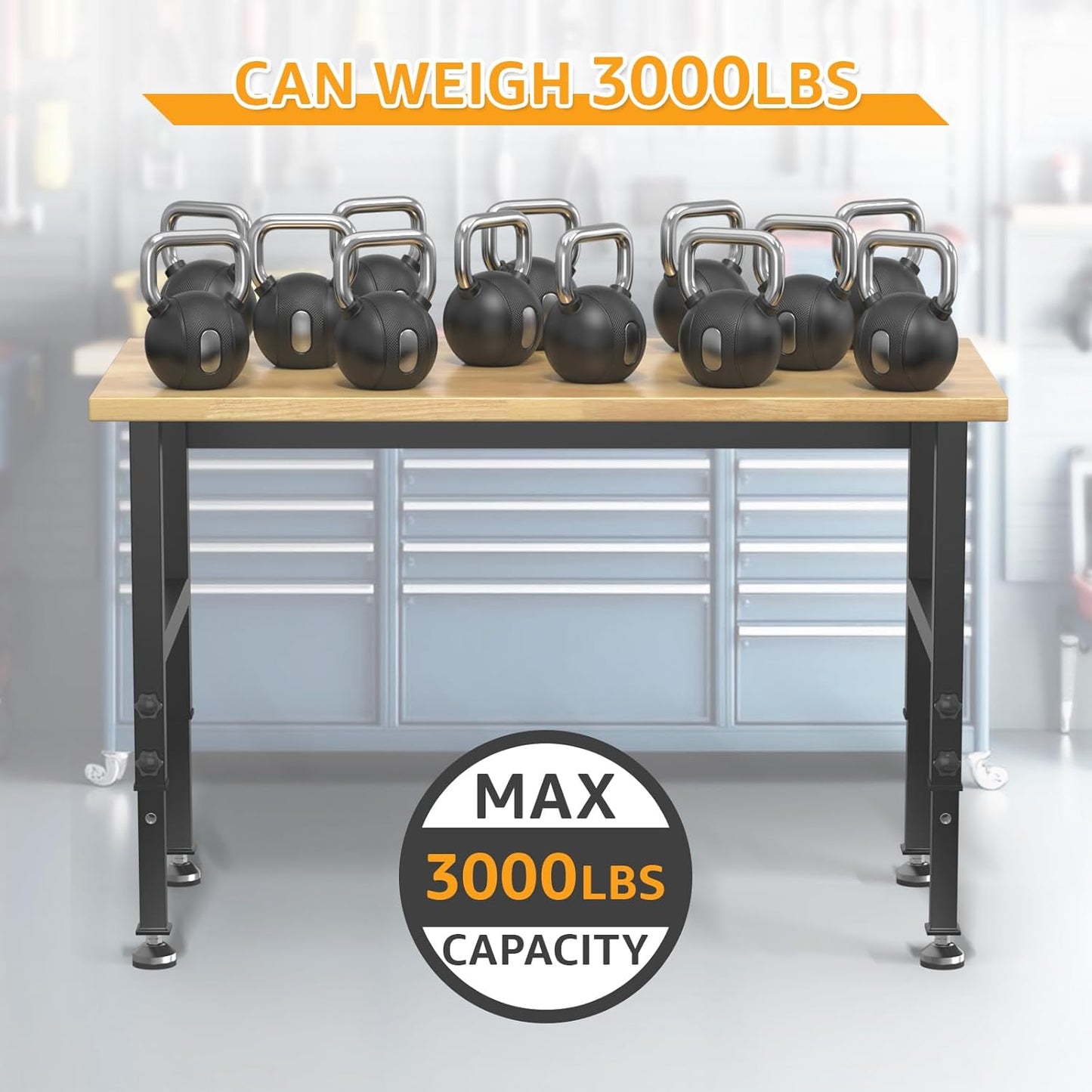 48" Adjustable Workbench,Heavy-Duty Work Table,3000 LBS Load Capacity Hardwood Workstation with Fixed feet,for Workshop, Garage