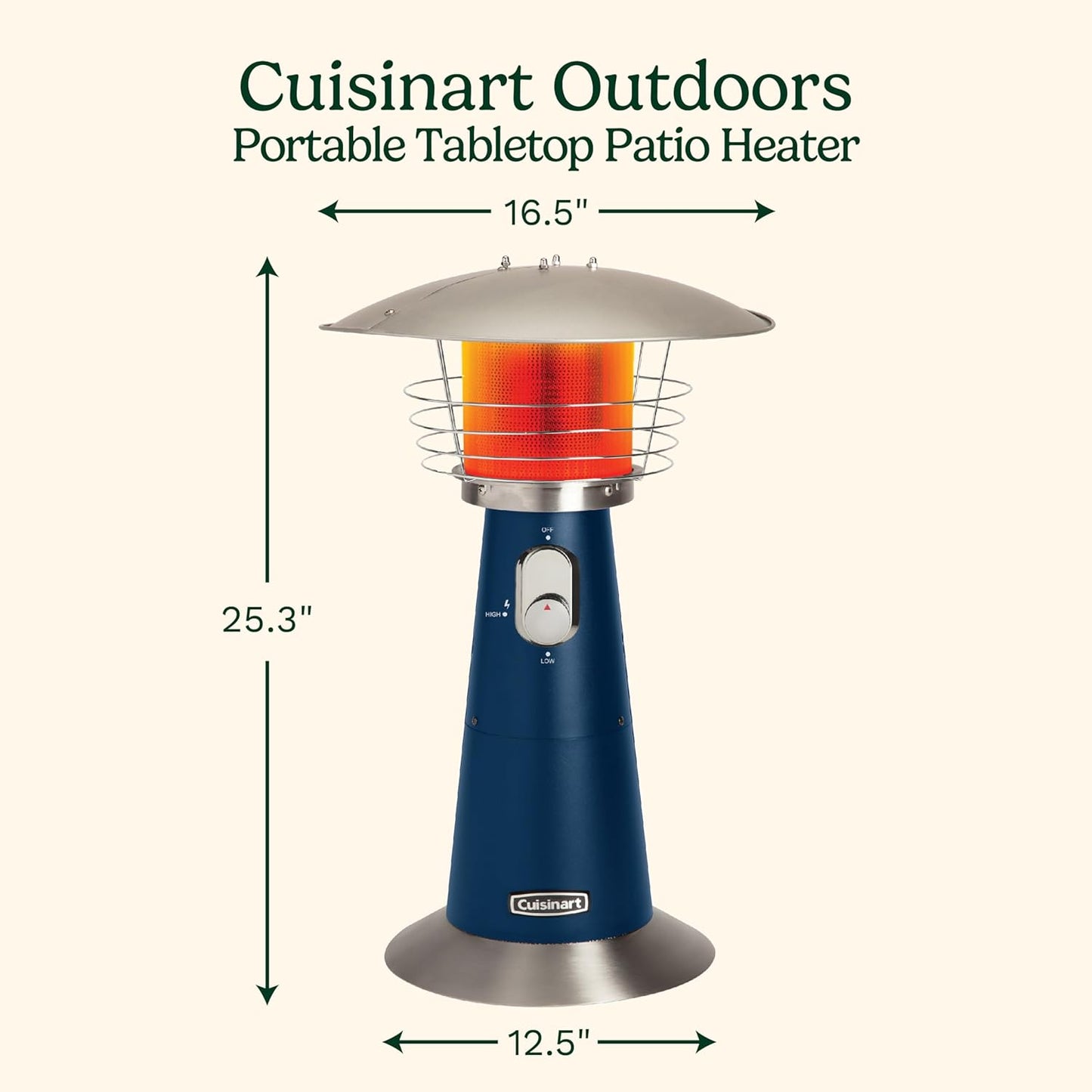 Cuisinart Portable Tabletop Patio Heater, 11,000 BTU Outdoor Propane Heater with Safety Tilt Switch and Adjustable Heat, Burner Screen Guard, 30 sq. Foot Heat Range, Navy
