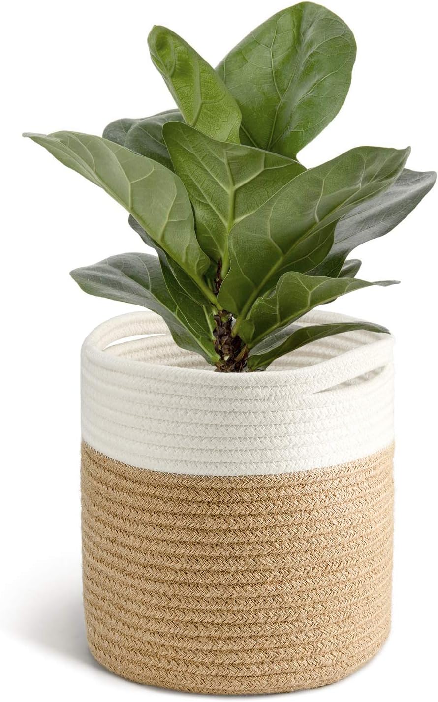 TIMEYARD Jute Rope Plant Basket Small Woven Storage Baskets for Up to 7" Planter, 8" x 8" Decorative Plant Pot Cover Woven Planter Basket Laundry Baskets with Handles Modern Home Décor