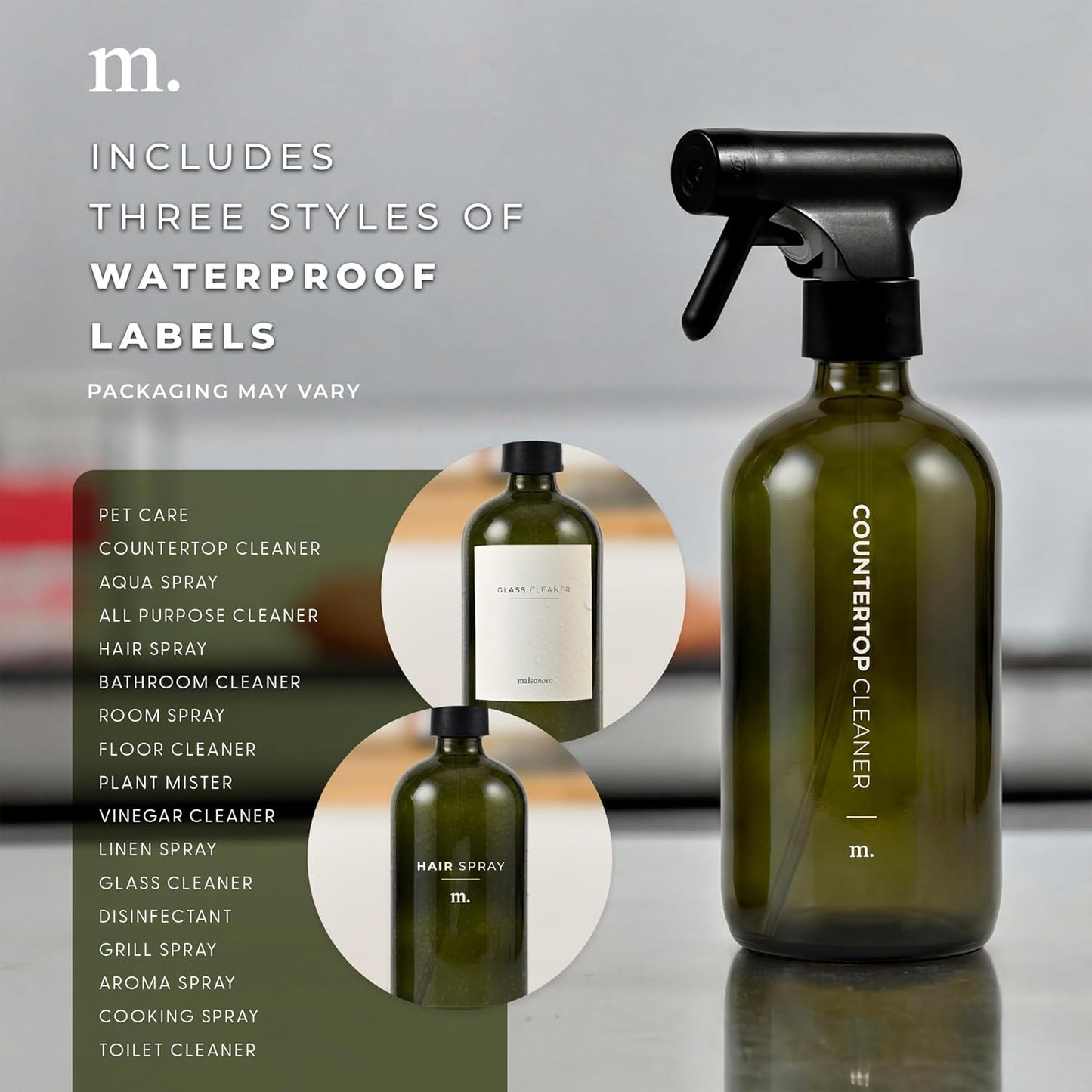 MAISONOVO Dark Green Glass Spray Bottle 16 oz Pack of 2 - Dark Green Spray Bottle for Plants with Fortified Glass & Fine Mist - Ideal for Gardening, Misting, Seedlings & Indoor Plant Care - 16 Labels