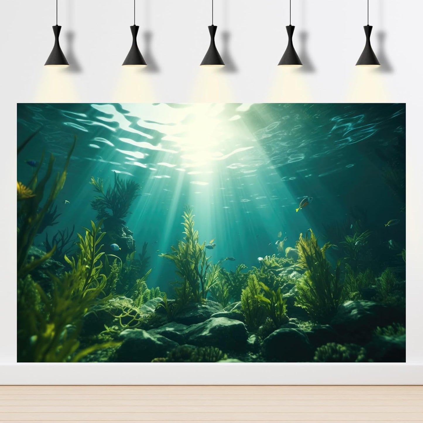 Ocean Aquarium Background Aquatic Plants with Rocks Terrarium Backdrop Sunlight Rays Deep Sea Fish Tank Background Aquarium Wallpaper Poster Decor Vinyl 72x18in