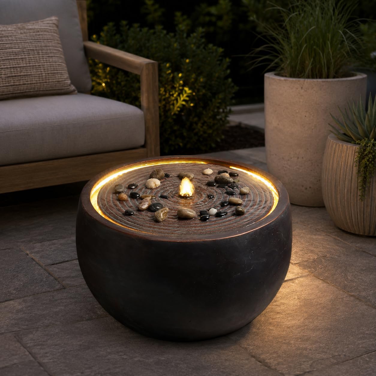 Outdoor Water Fountain with LED Lights, 12.2" Tall Round Bowl Cascading Fountain for Patio Garden Yard Porch Backyard, Resin Outdoor Water Feature Decor
